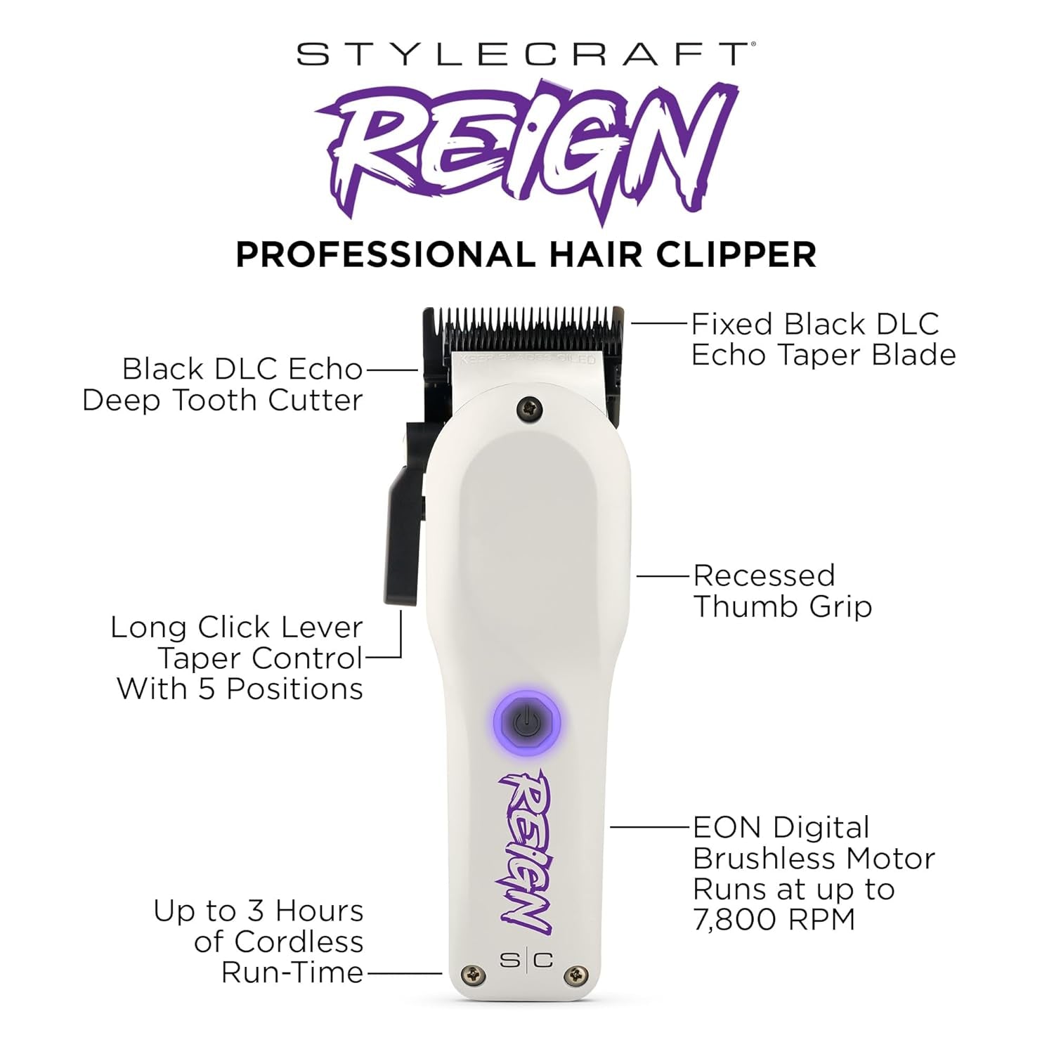 Reign Professional Hair Clipper, Hair Trimmer with Brushless Motor, USB-C Rechargeable, Designed by Barbers for Precision Beard and Hair Grooming