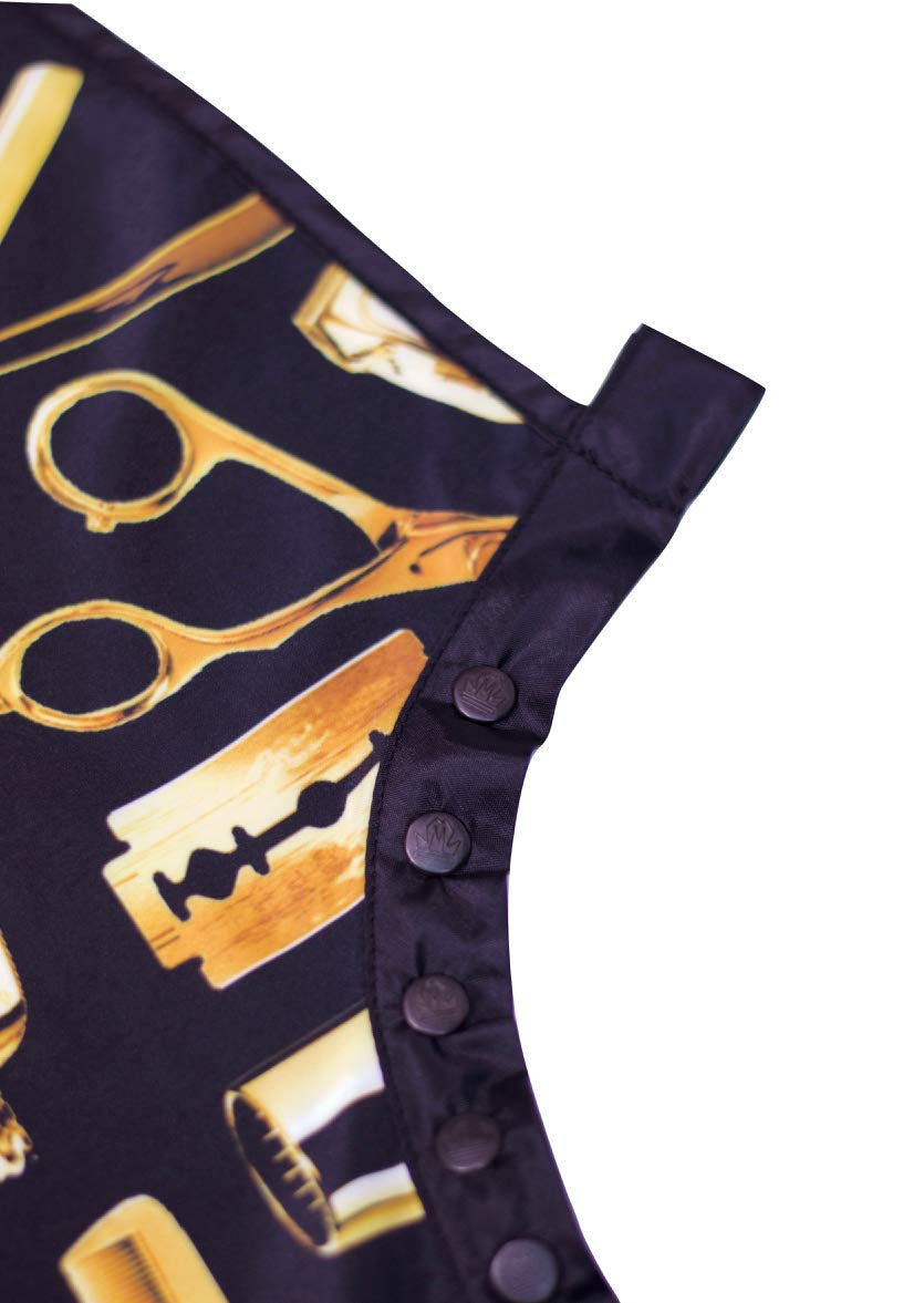 - Professional Haircutting Cape with Snap Buttons - Durable Unisex Design in Black and Gold