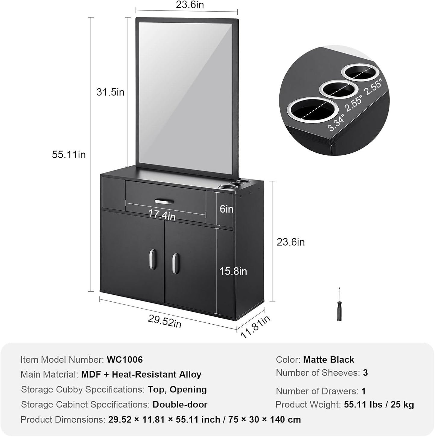 Salon Storage Cabinet, Wall Mounted Barber Salon Station for Hair Stylist, Hair Stylist Station Set, with 3 Sleeves, a Mirror, Double-Door Cabinet, and a Drawer, Black