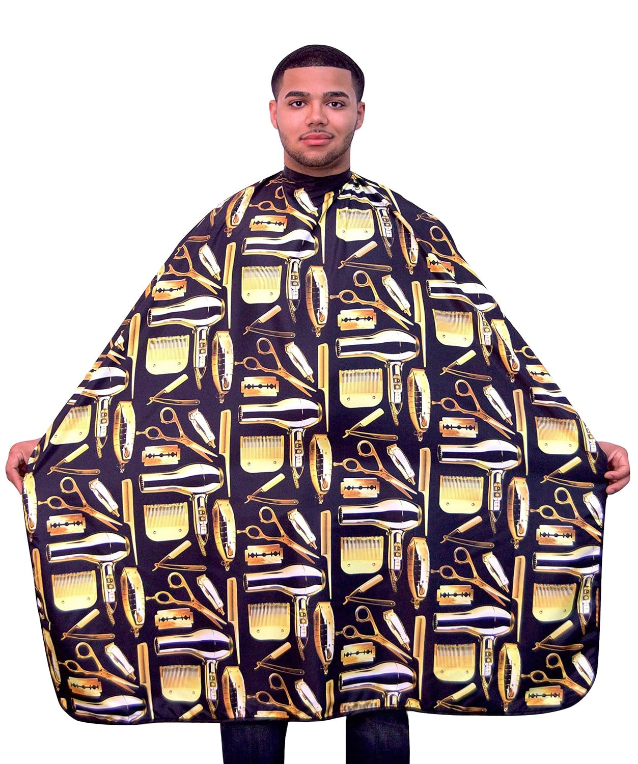 - Professional Haircutting Cape with Snap Buttons - Durable Unisex Design in Black and Gold
