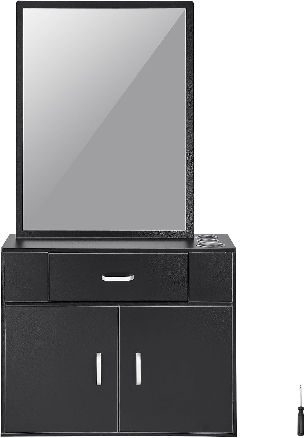 Salon Storage Cabinet, Wall Mounted Barber Salon Station for Hair Stylist, Hair Stylist Station Set, with 3 Sleeves, a Mirror, Double-Door Cabinet, and a Drawer, Black