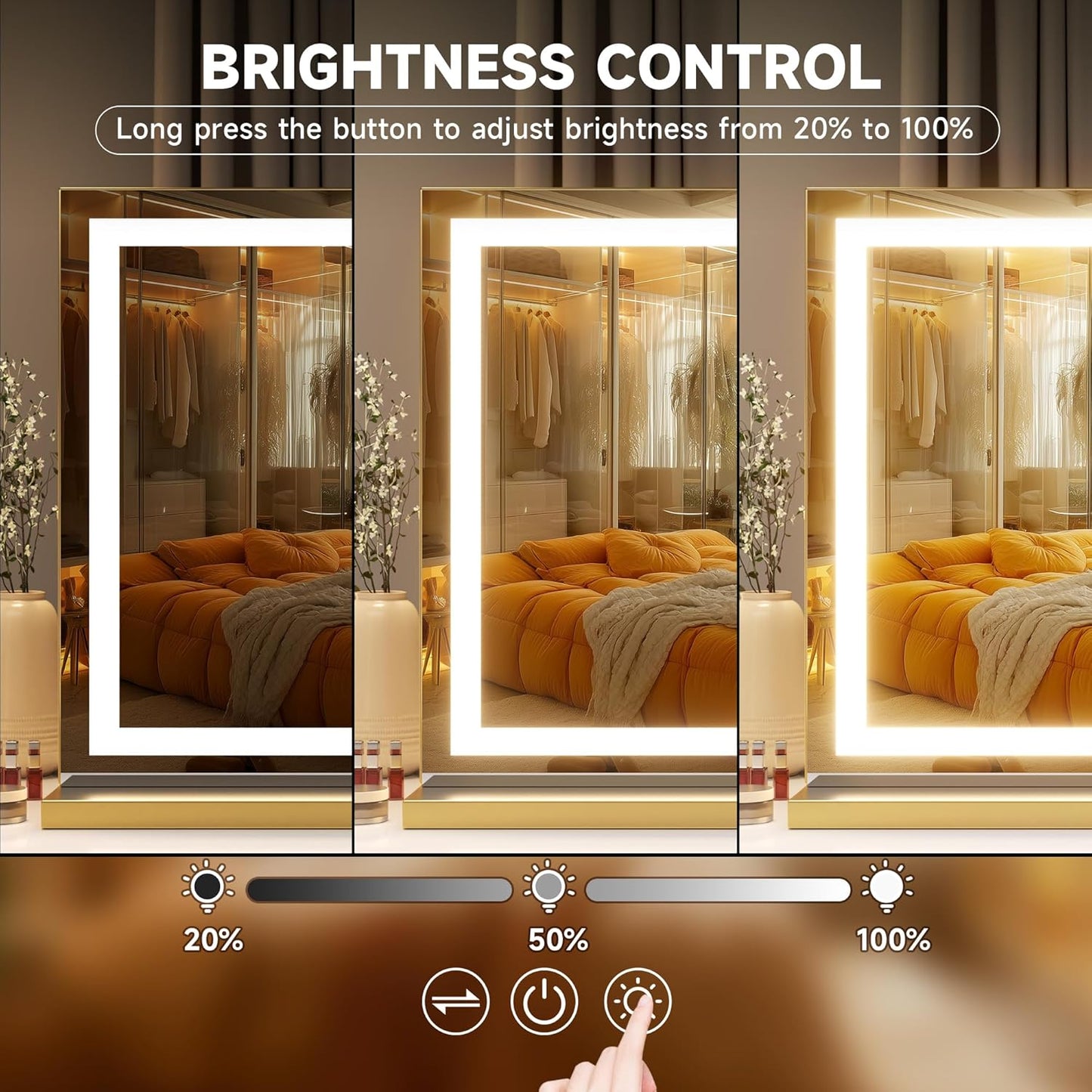 Vanity Mirror with Lights, 32" X 20" LED Makeup Mirror, Lighted Makeup Mirror with Dimmable 3 Modes, Touch Screen Control Vanity Mirror Square Gold