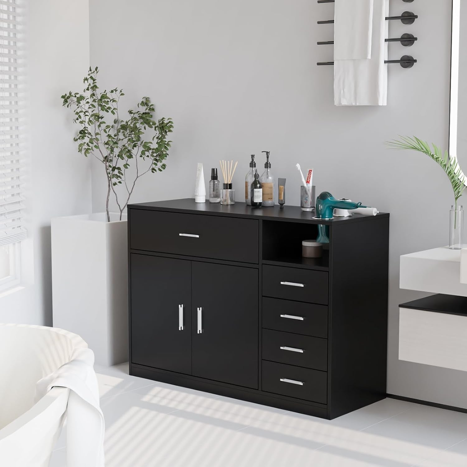 Salon Station Free Standing Cabinet, Barber Hair Styling Stations, Beauty Dresser Spa Bathroom Equipment with 5 Drawers, 1 Storage Cabinet, 3 Hair Dryer Holders, Black