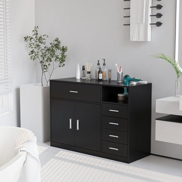 Salon Station Free Standing Cabinet, Barber Hair Styling Stations, Beauty Dresser Spa Bathroom Equipment with 5 Drawers, 1 Storage Cabinet, 3 Hair Dryer Holders, Black