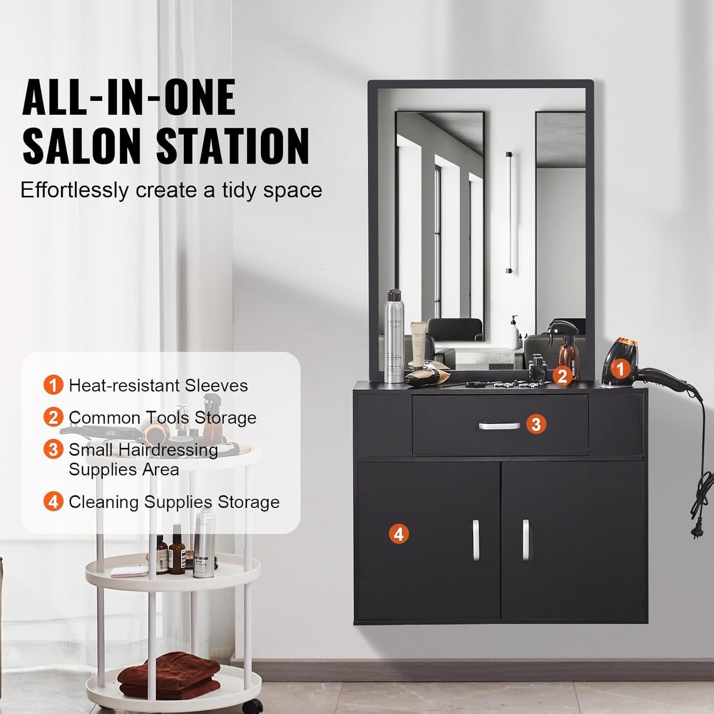 Salon Storage Cabinet, Wall Mounted Barber Salon Station for Hair Stylist, Hair Stylist Station Set, with 3 Sleeves, a Mirror, Double-Door Cabinet, and a Drawer, Black