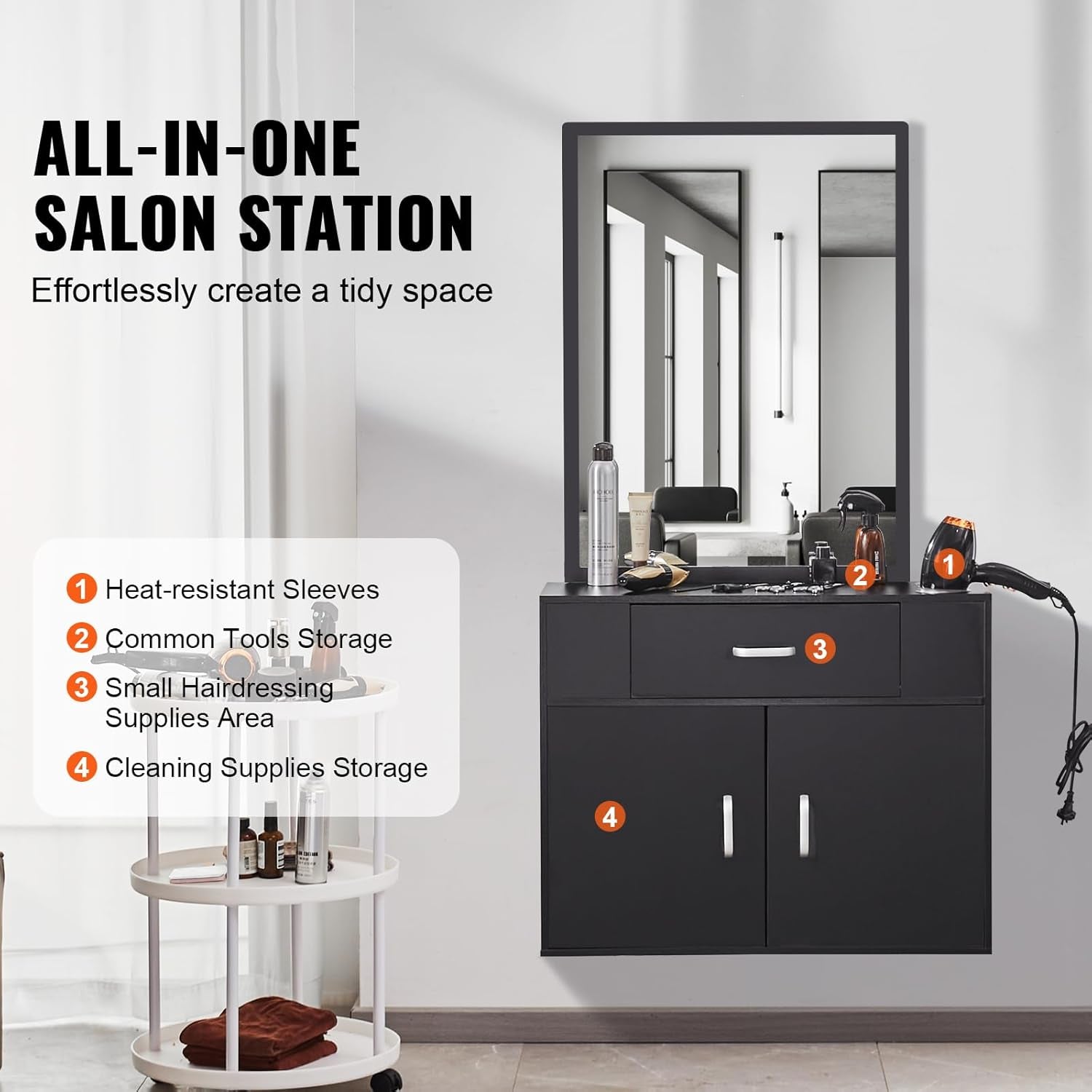 Salon Storage Cabinet, Wall Mounted Barber Salon Station for Hair Stylist, Hair Stylist Station Set, with 3 Sleeves, a Mirror, Double-Door Cabinet, and a Drawer, Black