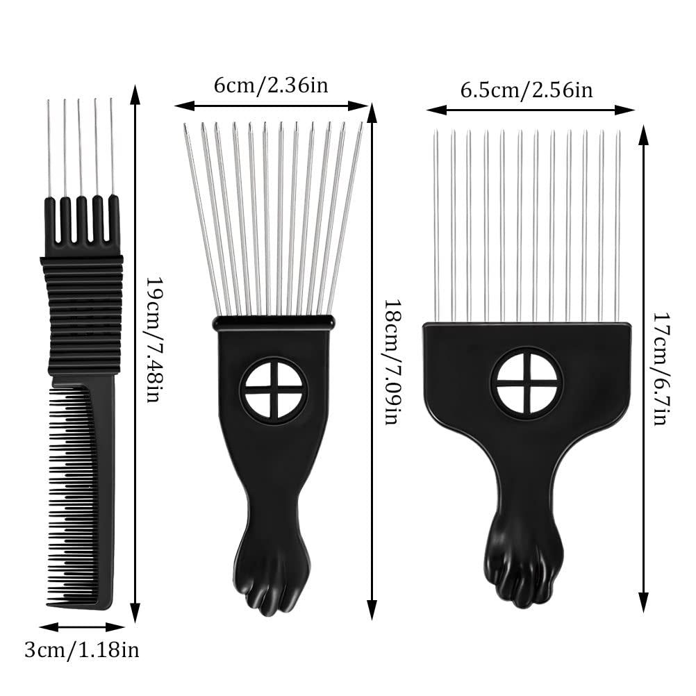 3 Pack Metal Pick Set for Afro, Beard, and Curly Styling - Teasing Combs for Men and Women
