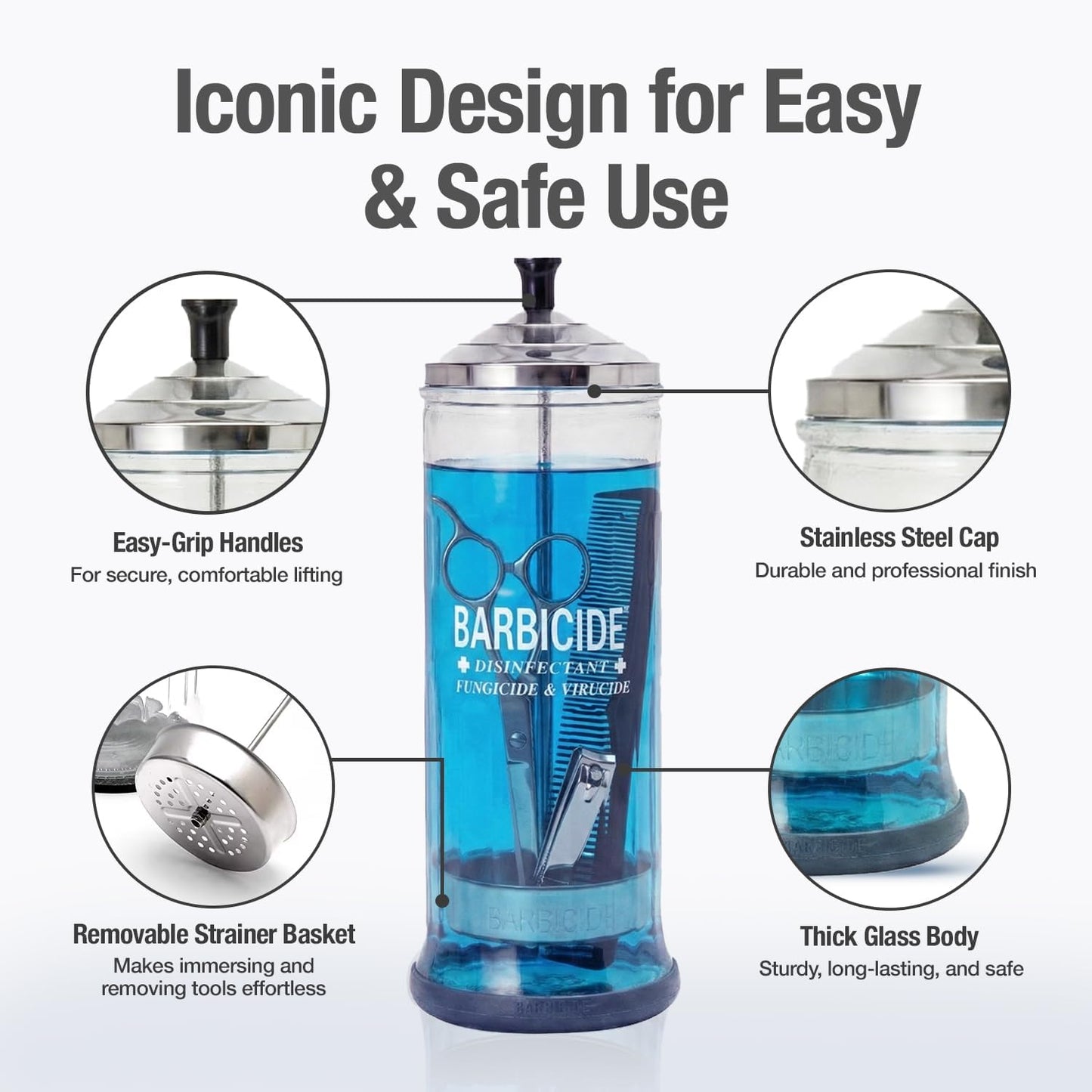 Disinfecting Jar (Large - 37 Fl Oz) – Durable Glass Immersion Container with Stainless Steel Lid and Tray – Professional Salon, Spa & Barber Tool Sanitizer for Combs, Brushes & Implements