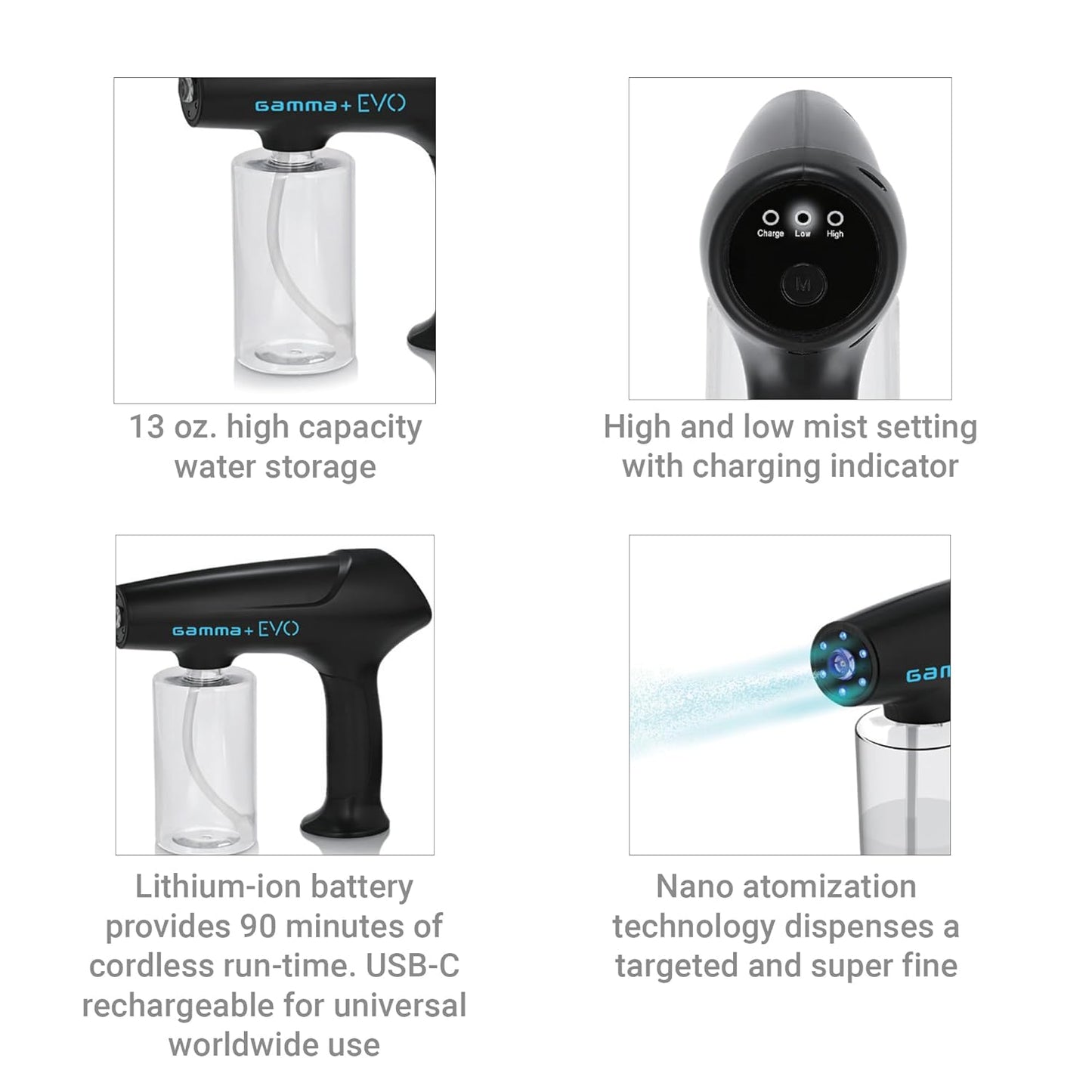 Evo Nano Mister Cordless Portable Water Sprayer, Disinfect Mist, USB-C Rechargeable for Barber, Salon, Home Use