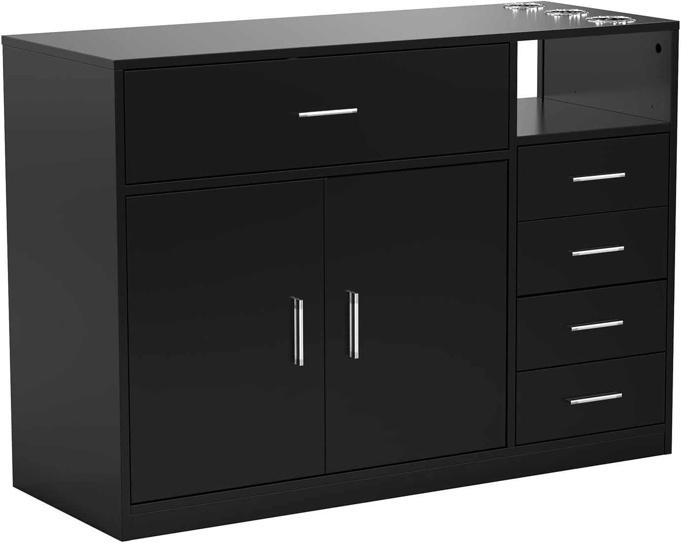 Salon Station Free Standing Cabinet, Barber Hair Styling Stations, Beauty Dresser Spa Bathroom Equipment with 5 Drawers, 1 Storage Cabinet, 3 Hair Dryer Holders, Black