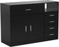 Salon Station Free Standing Cabinet, Barber Hair Styling Stations, Beauty Dresser Spa Bathroom Equipment with 5 Drawers, 1 Storage Cabinet, 3 Hair Dryer Holders, Black