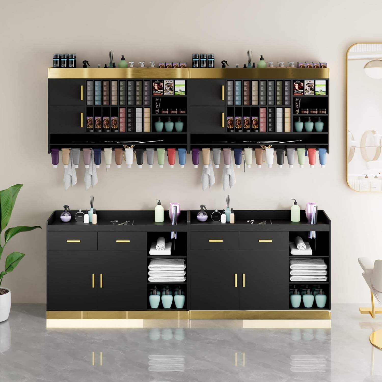 Salon Storage Cabinet Barber Station, Free Standing Hair Styling Station with Drawers, Hair Dryer Holders and Adjustable Shelves, Beauty Salon Spa Equipment