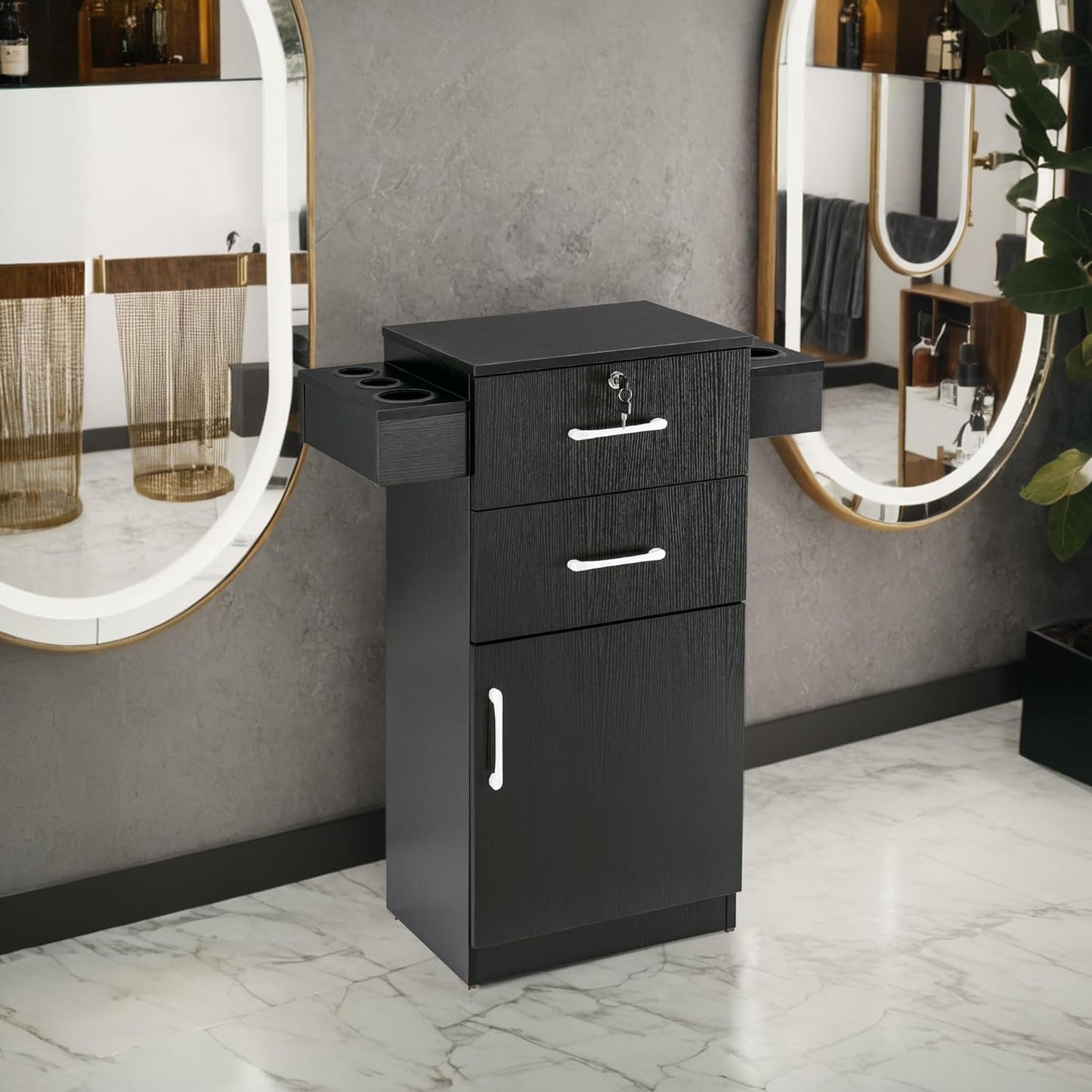 38"X18"X14" Locking Beauty Salon Storage Cabinet, Barber Styling Station with Nylon Hair Dryer Holder, Barber Shop Stylist Equipment with Drawers 2021 (Black)