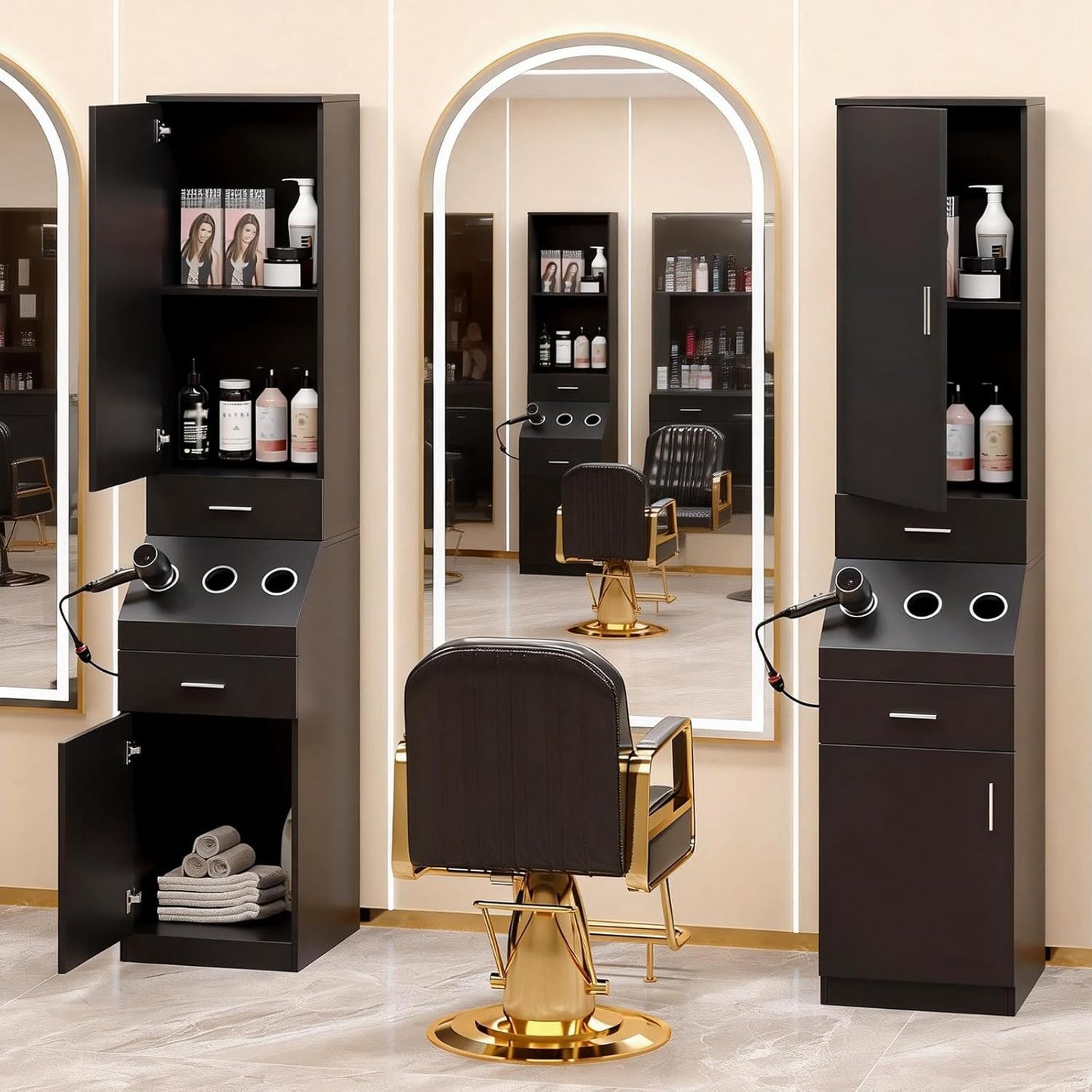 Salon Station, Barber Stations with 2-Tier Storage Shelf with Door, Hair Styling Storage Cabinet with 2 Drawer, a Large Storage Cabinet & 3 Hot Tool Holders, Black