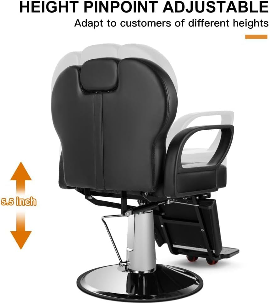 Barber Chair for Salon, Reclining Barber Chair Heavy Duty Adjustable Height & Headrest, Barber Shop Chairs Wide Seat Comfort and Sturdy, Beauty Salon Chair for Hair Stylist for Home Black