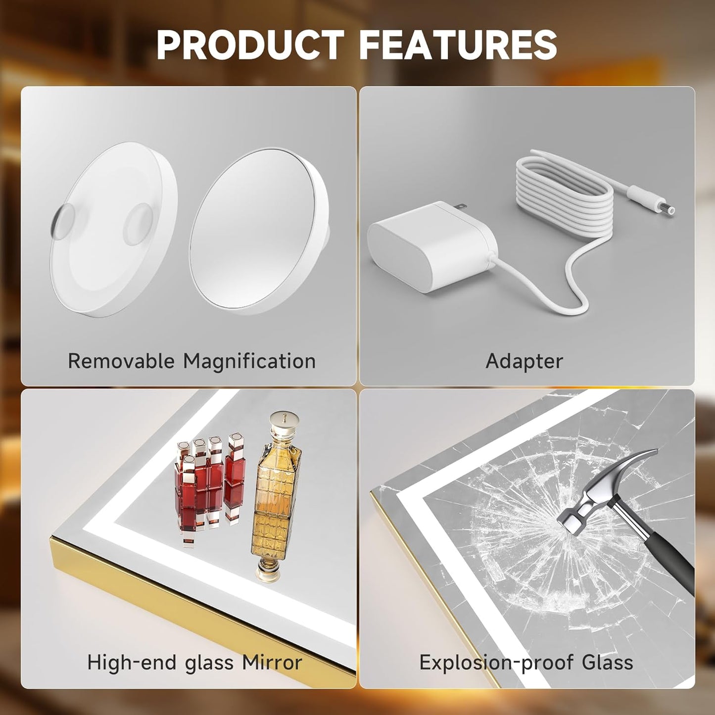 Vanity Mirror with Lights, 32" X 20" LED Makeup Mirror, Lighted Makeup Mirror with Dimmable 3 Modes, Touch Screen Control Vanity Mirror Square Gold