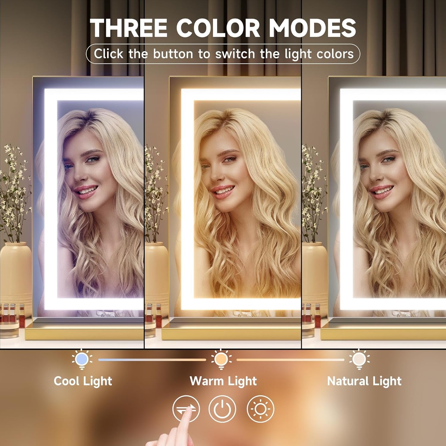 Vanity Mirror with Lights, 32" X 20" LED Makeup Mirror, Lighted Makeup Mirror with Dimmable 3 Modes, Touch Screen Control Vanity Mirror Square Gold