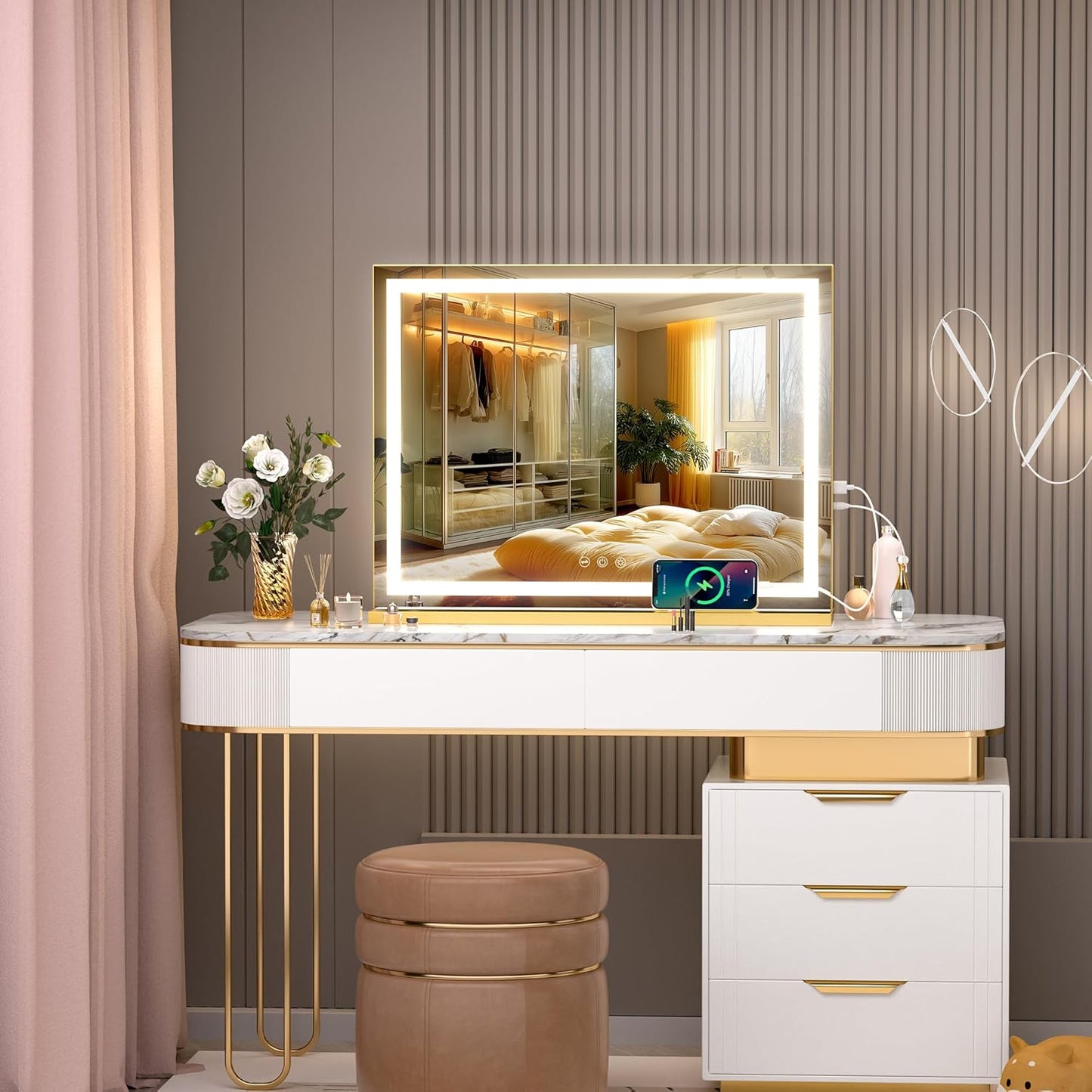 Vanity Mirror with Lights, 32" X 20" LED Makeup Mirror, Lighted Makeup Mirror with Dimmable 3 Modes, Touch Screen Control Vanity Mirror Square Gold