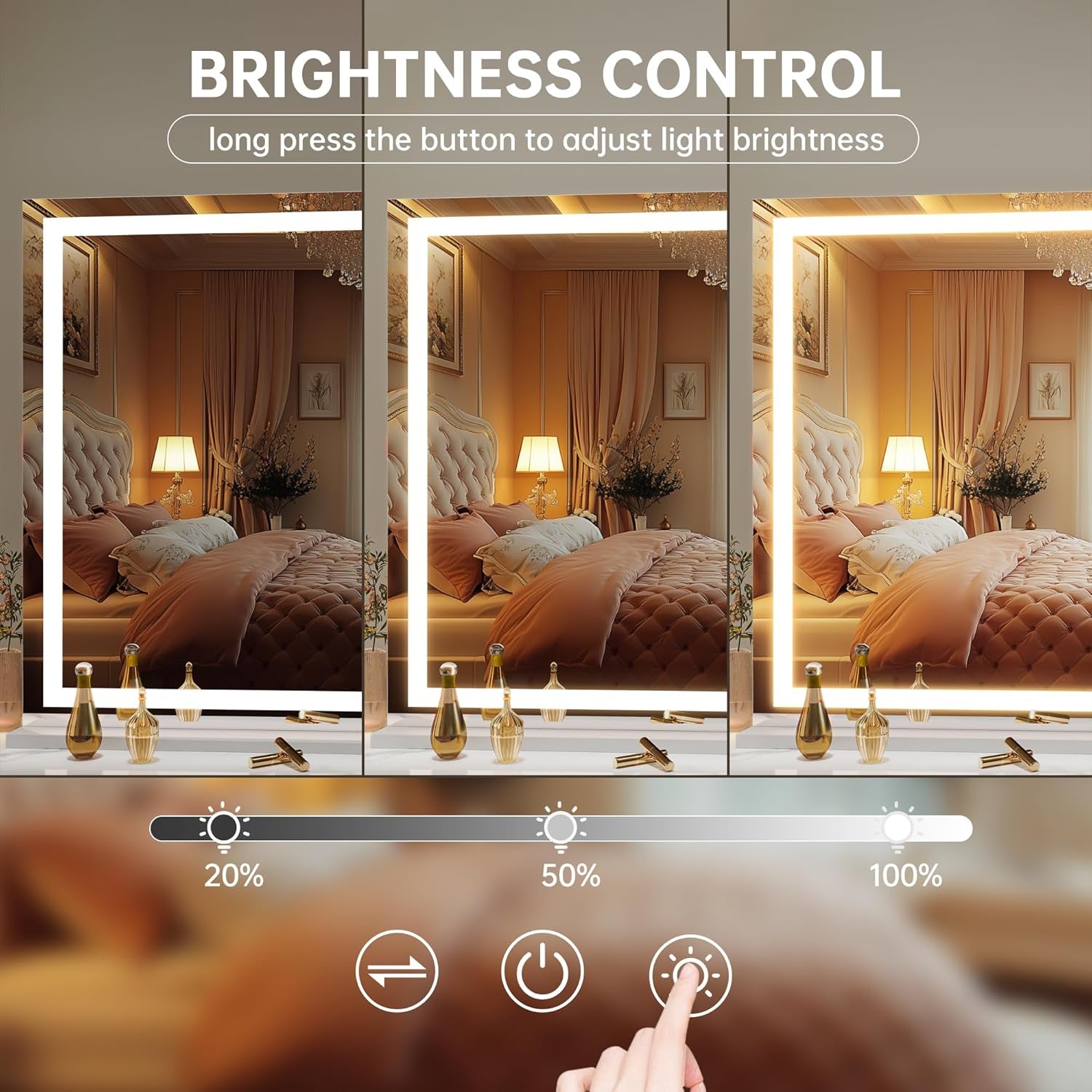 Vanity Mirror with Lights, 42" X 30" LED Makeup Mirror, Lighted Makeup Mirror with Dimmable 3 Modes, Touch Screen Control Vanity Mirror Square White