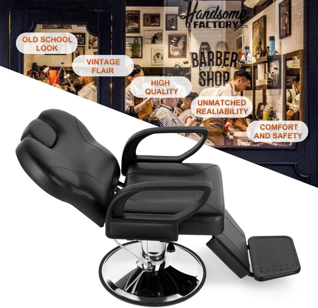 Barber Chair for Salon, Reclining Barber Chair Heavy Duty Adjustable Height & Headrest, Barber Shop Chairs Wide Seat Comfort and Sturdy, Beauty Salon Chair for Hair Stylist for Home Black