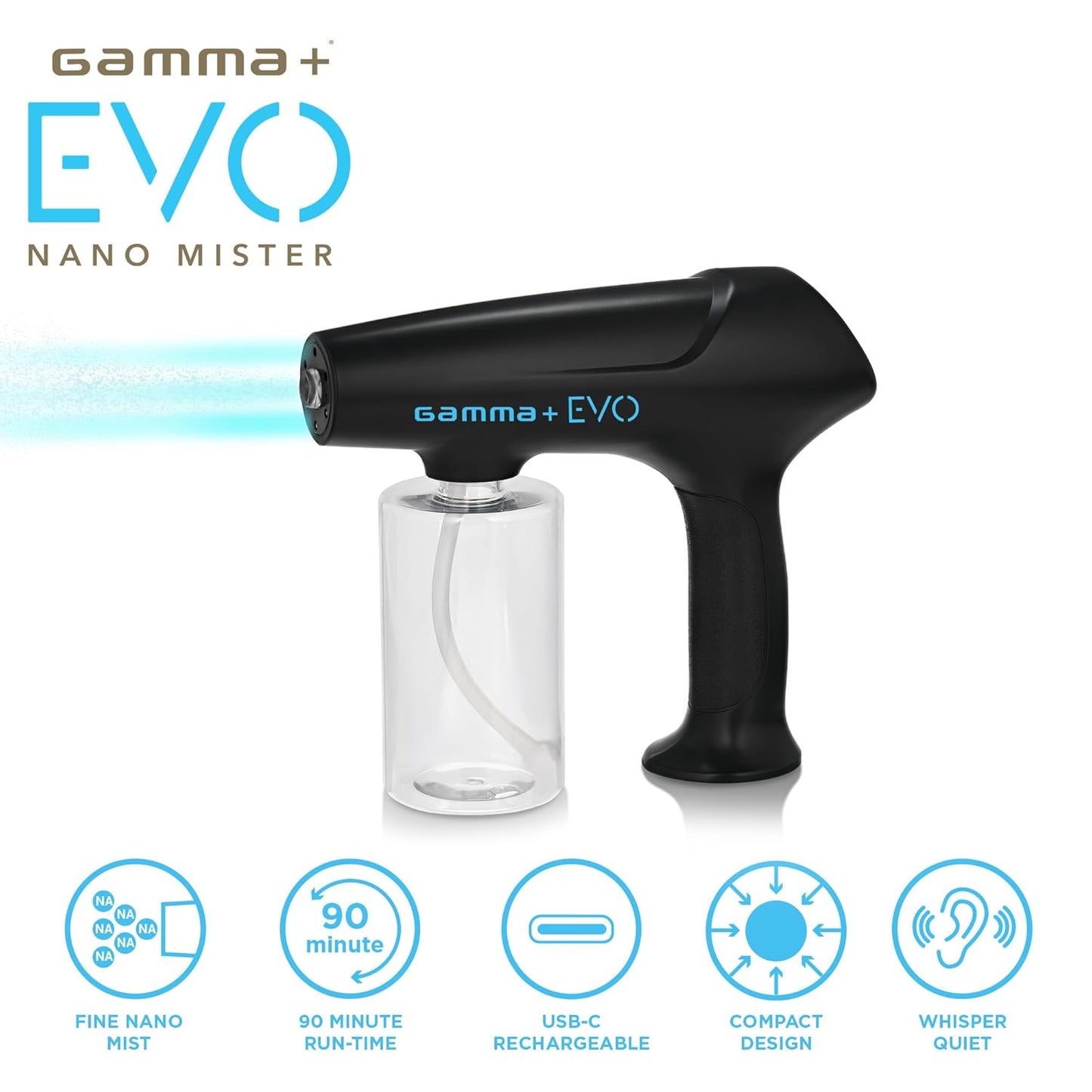 Evo Nano Mister Cordless Portable Water Sprayer, Disinfect Mist, USB-C Rechargeable for Barber, Salon, Home Use