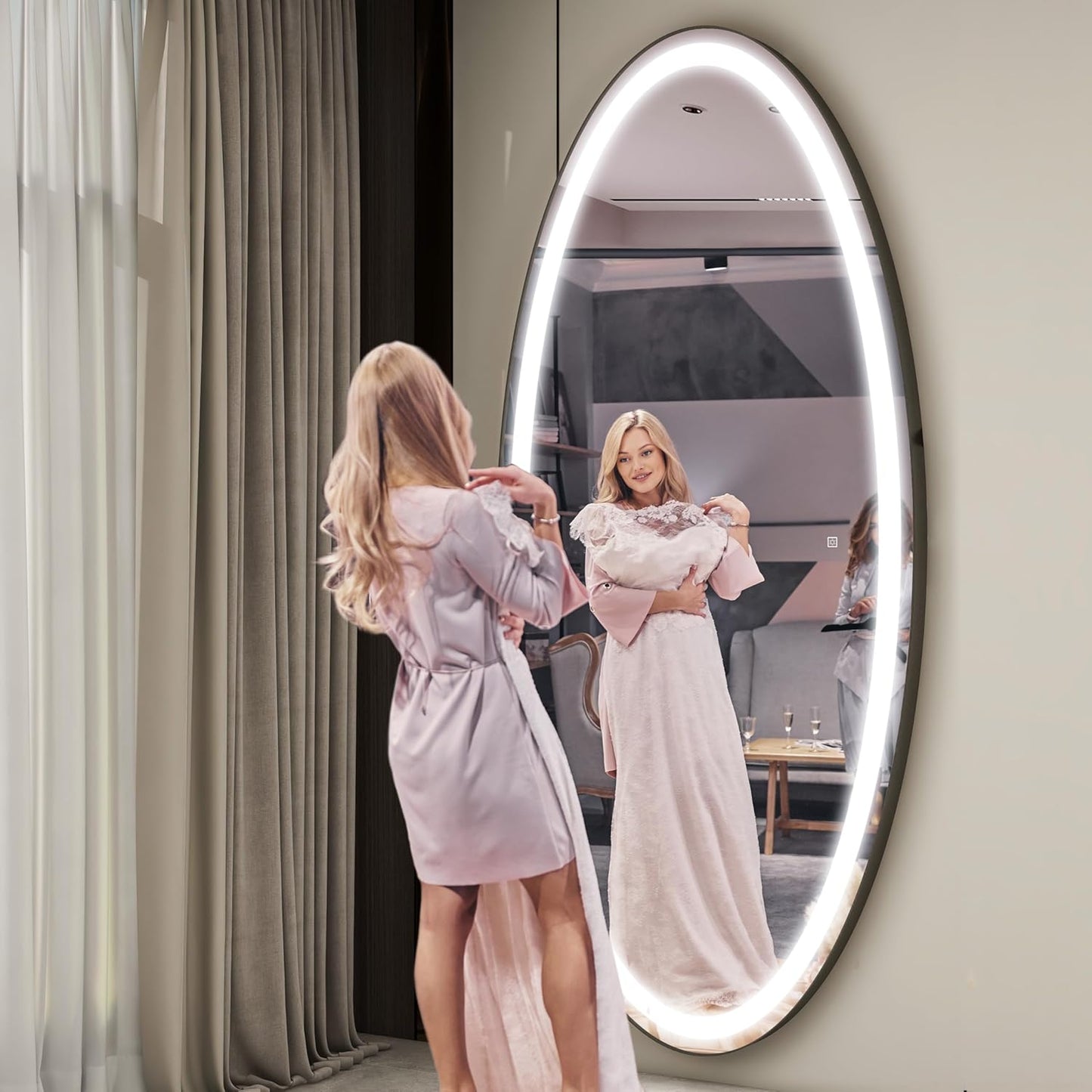 70" X 36" Large Wall Mounted Mirror with LED Lights, Oval Full Length LED Lighted Full Body Dressing Mirror for Bedroom, Salon, Brushed Aluminum Frame, Tempered Glass