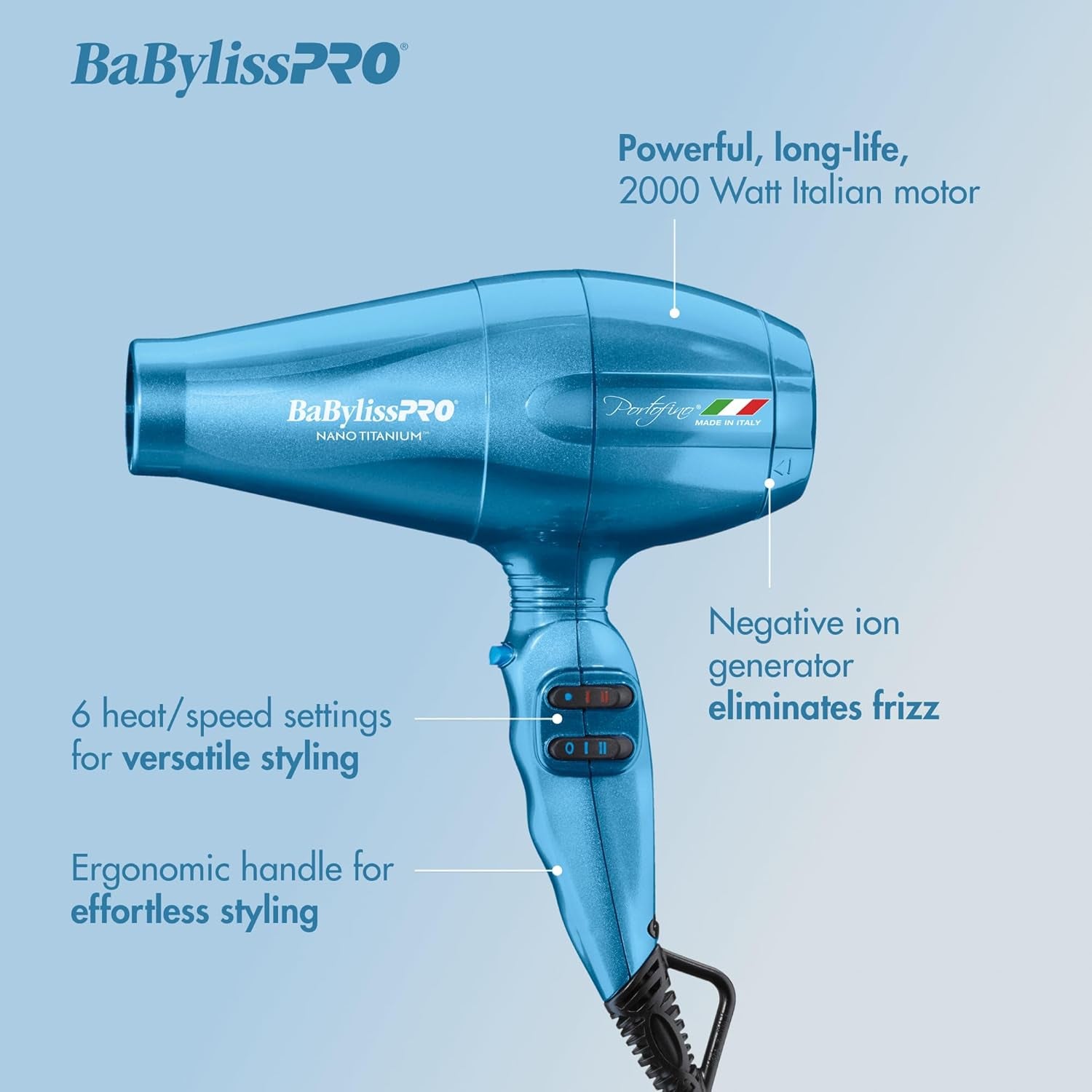 Nano Titanium Italian Portofino Hair Dryer - Professional 2000 Watt Blow Dryer