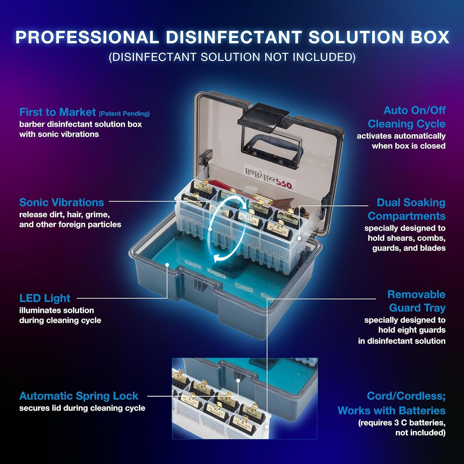 Barbersonic Disinfectant Storage Box for Clipper & Trimmer Blades, Guards and Barber Accessories