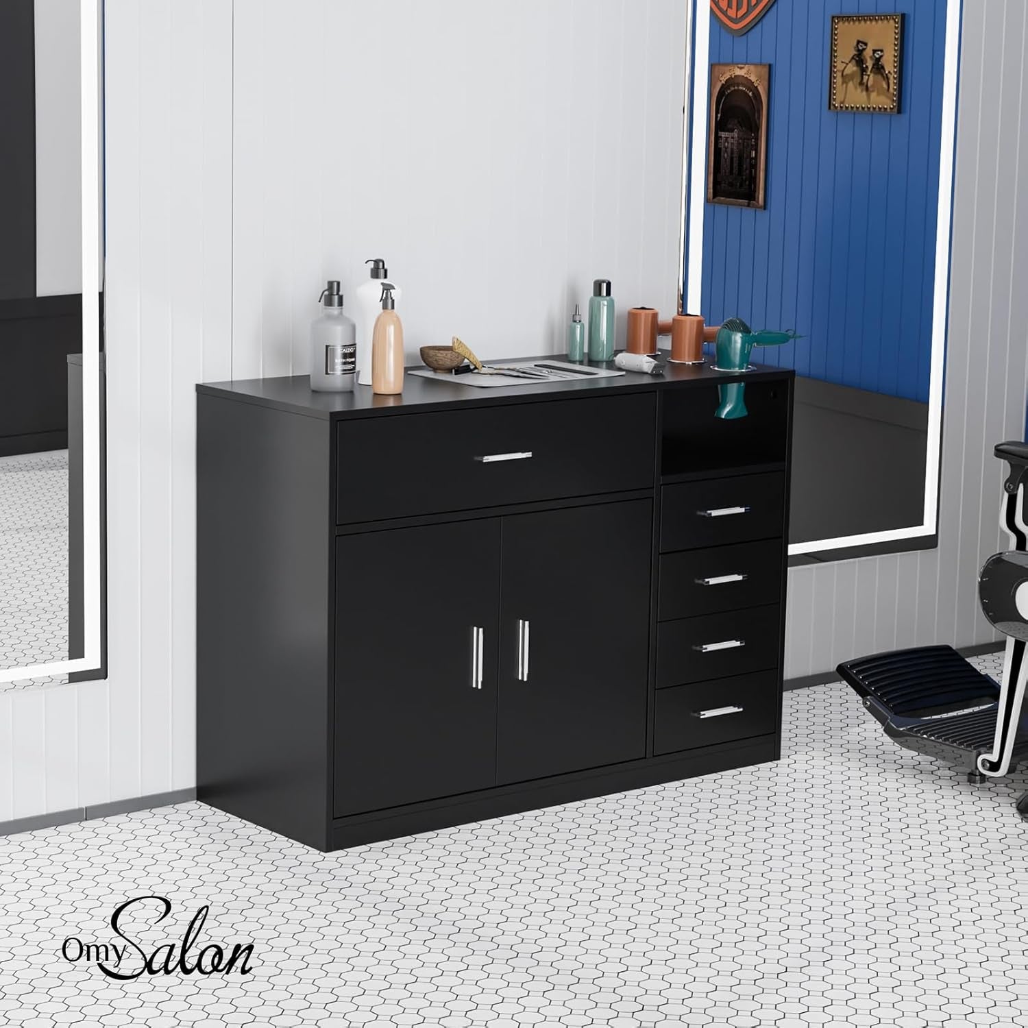 Salon Station Free Standing Cabinet, Barber Hair Styling Stations, Beauty Dresser Spa Bathroom Equipment with 5 Drawers, 1 Storage Cabinet, 3 Hair Dryer Holders, Black