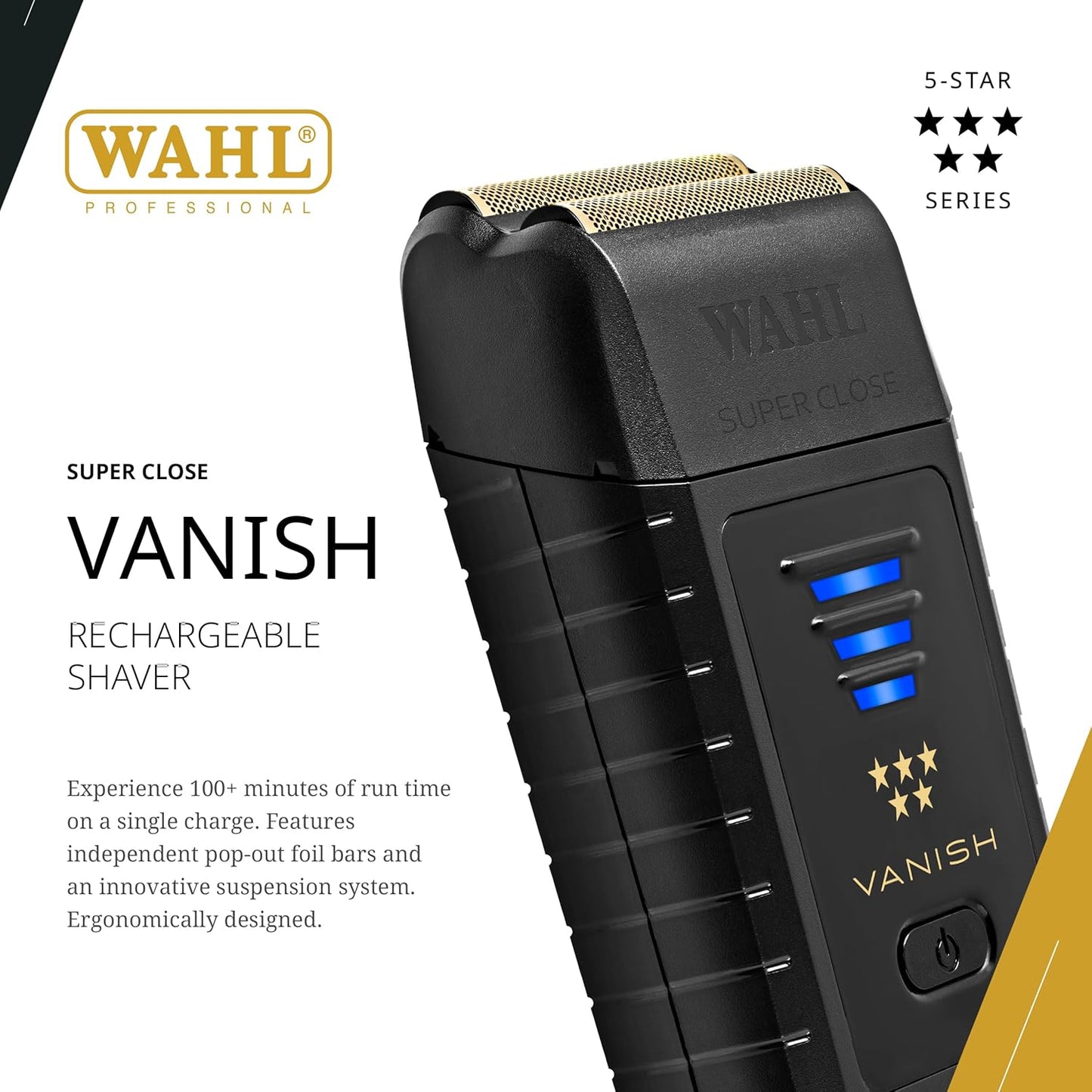 5 Star Vanish Shaver, Cordless, Lithium-Ion Battery, Pop-Out Foil Bars, Ergonomic Design, 100+ Minute Runtime