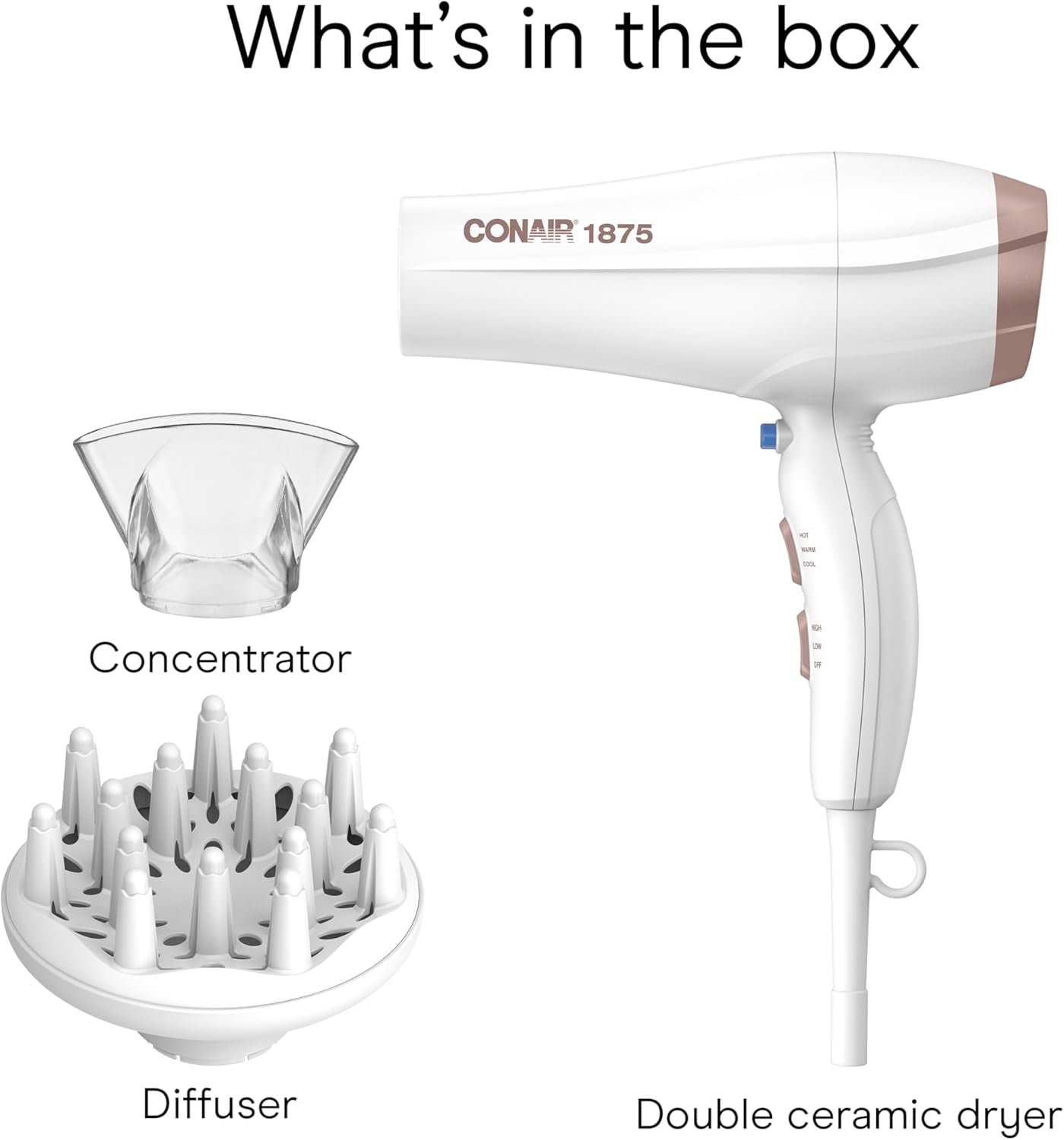 Double Ceramic Hair Dryer, 1875W Blow Dryer with Diffuser and Concentrator, Ionic Conditioning, 3 Heat & 2 Speed Settings, Amazon Exclusive, White
