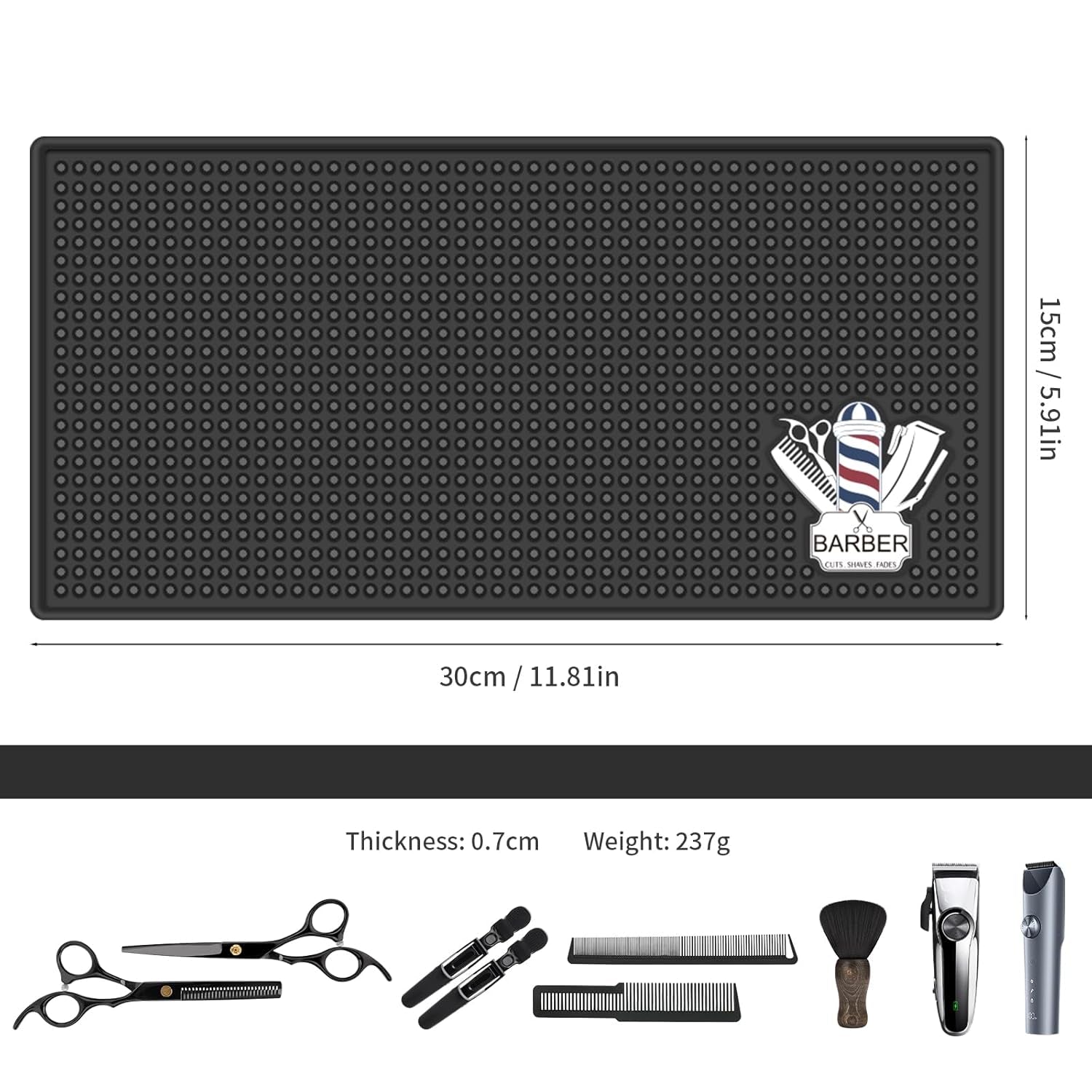 Barber Mat for Clippers Non-Slip Thickened Silicone Non-Slip Mat | Barber Shop Home Counter Workstation Organizer Mat for Scissors, Trimmers, Clippers, Hair Cards, Combs, Razors, Etc (12 * 6 Inch)