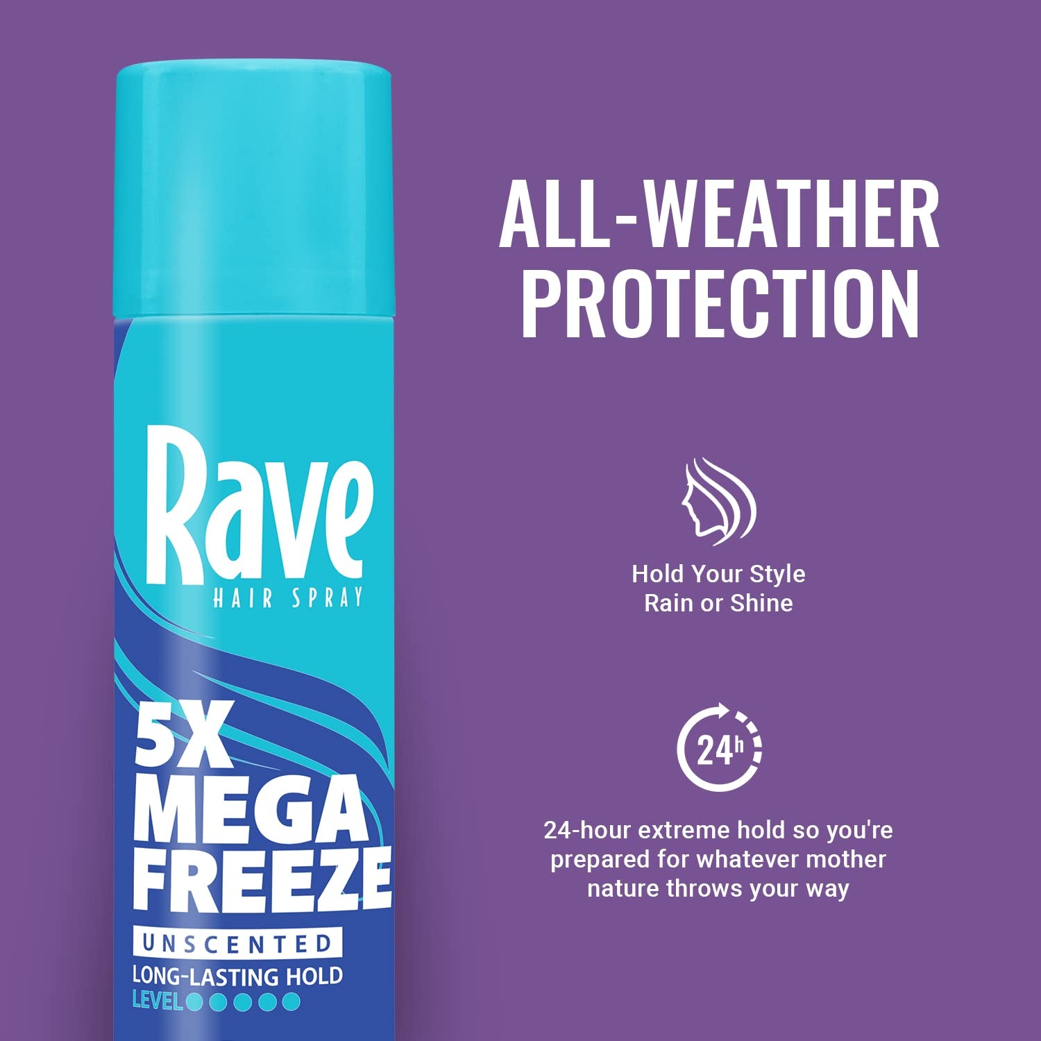 Unscented Aerosol Hairspray by Rave - 5X Freeze Hair Spray for Heat Protection, Volume and Shine - Climashield for Extra Humidity and Long Lasting Firm Hold - Minimizes Frizz and Static