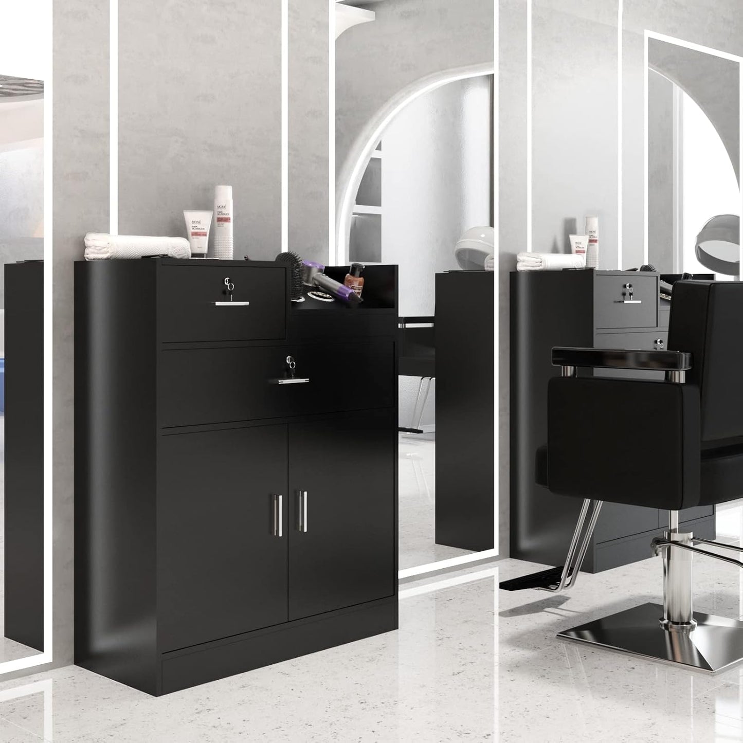 Salon Storage Cabinet with Lock, Beauty Barber Salon Styling Station Organizer Equipment,Hair Stylist Station with 5 Hair Dryer Holders,Two Drawers,One Cabinet