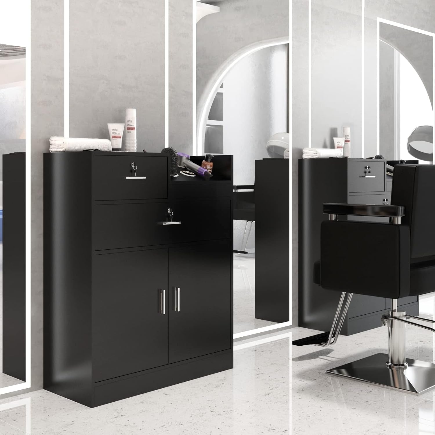 Salon Storage Cabinet with Lock, Beauty Barber Salon Styling Station Organizer Equipment,Hair Stylist Station with 5 Hair Dryer Holders,Two Drawers,One Cabinet