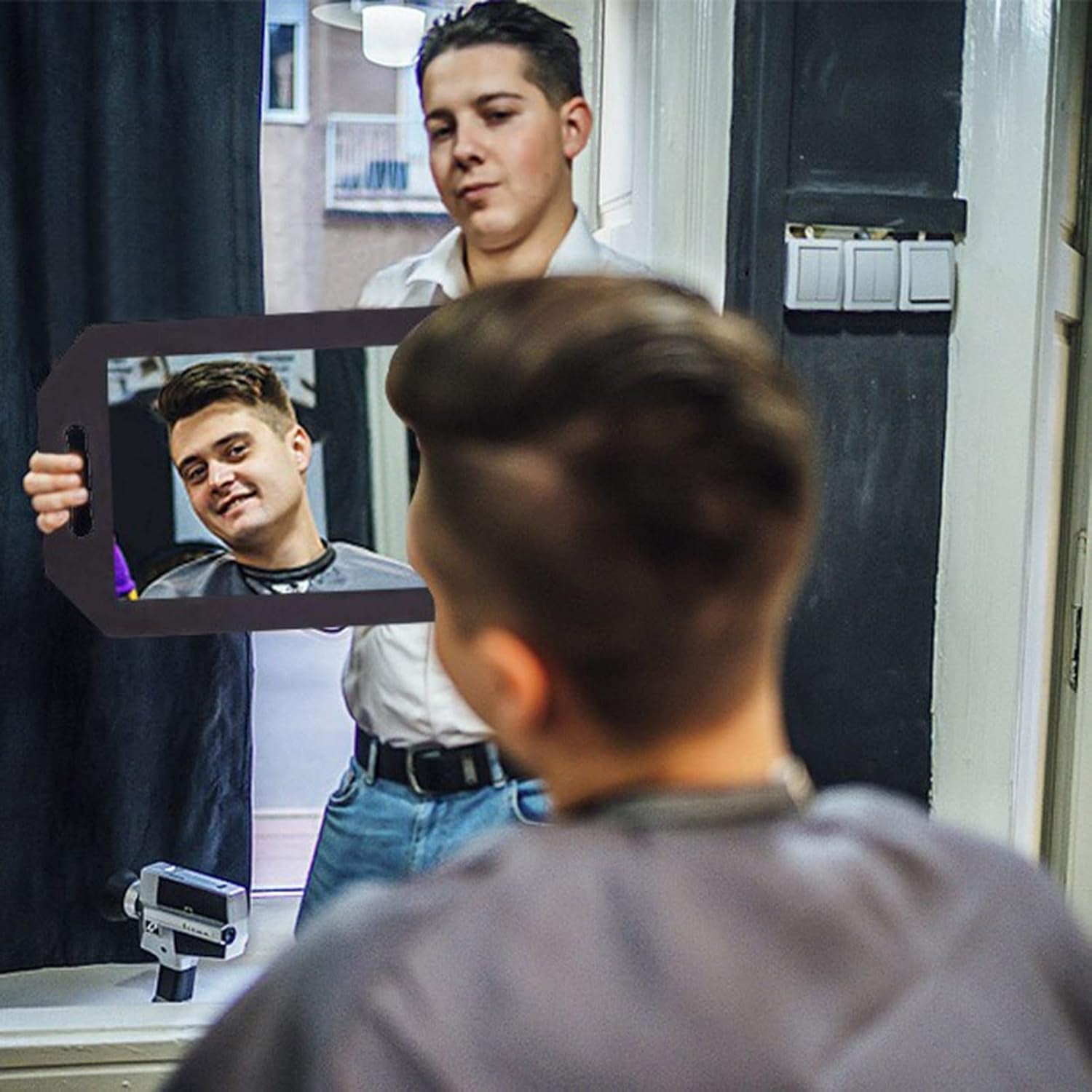 Barber Mirror Handheld Foam, Salon Large Foam Hand Mirror with Double Handle, Square Barbershop Handheld Mirror, Black