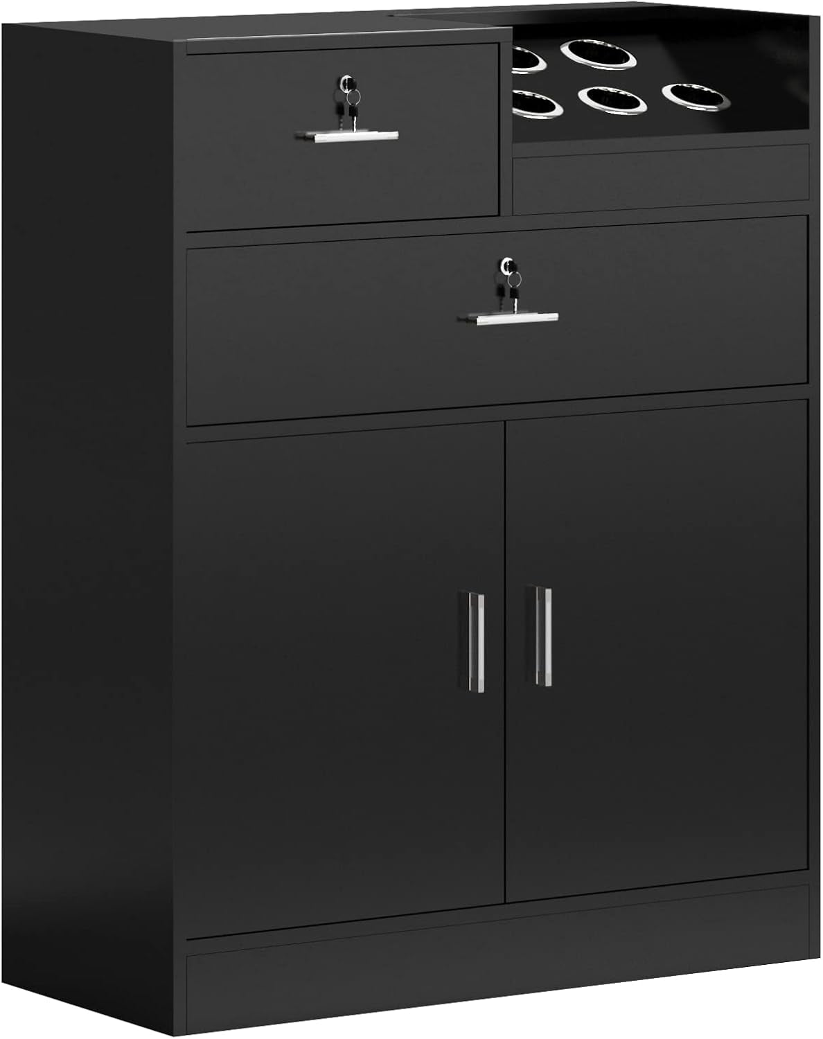 Salon Storage Cabinet with Lock, Beauty Barber Salon Styling Station Organizer Equipment,Hair Stylist Station with 5 Hair Dryer Holders,Two Drawers,One Cabinet
