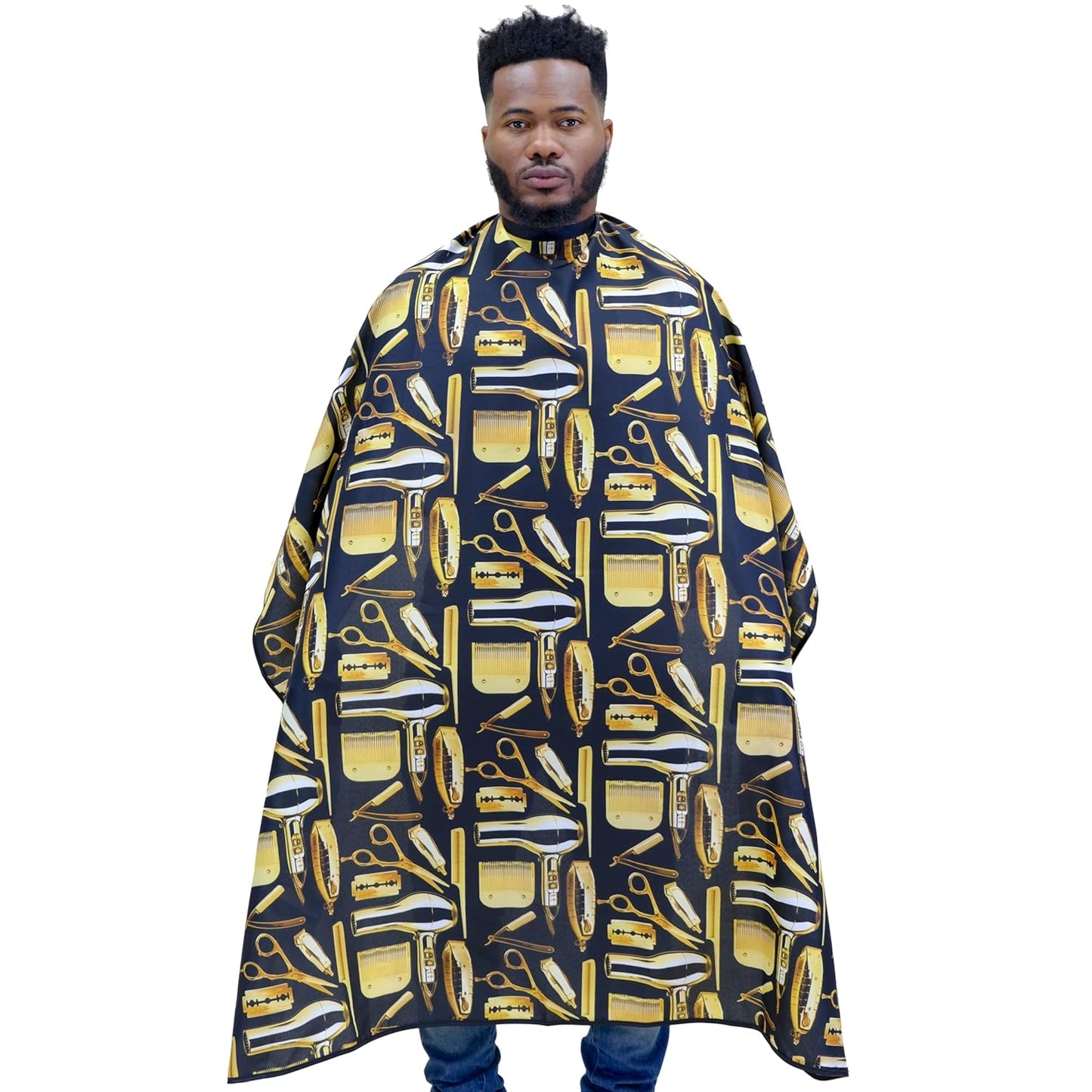 - Professional Haircutting Cape with Snap Buttons - Durable Unisex Design in Black and Gold