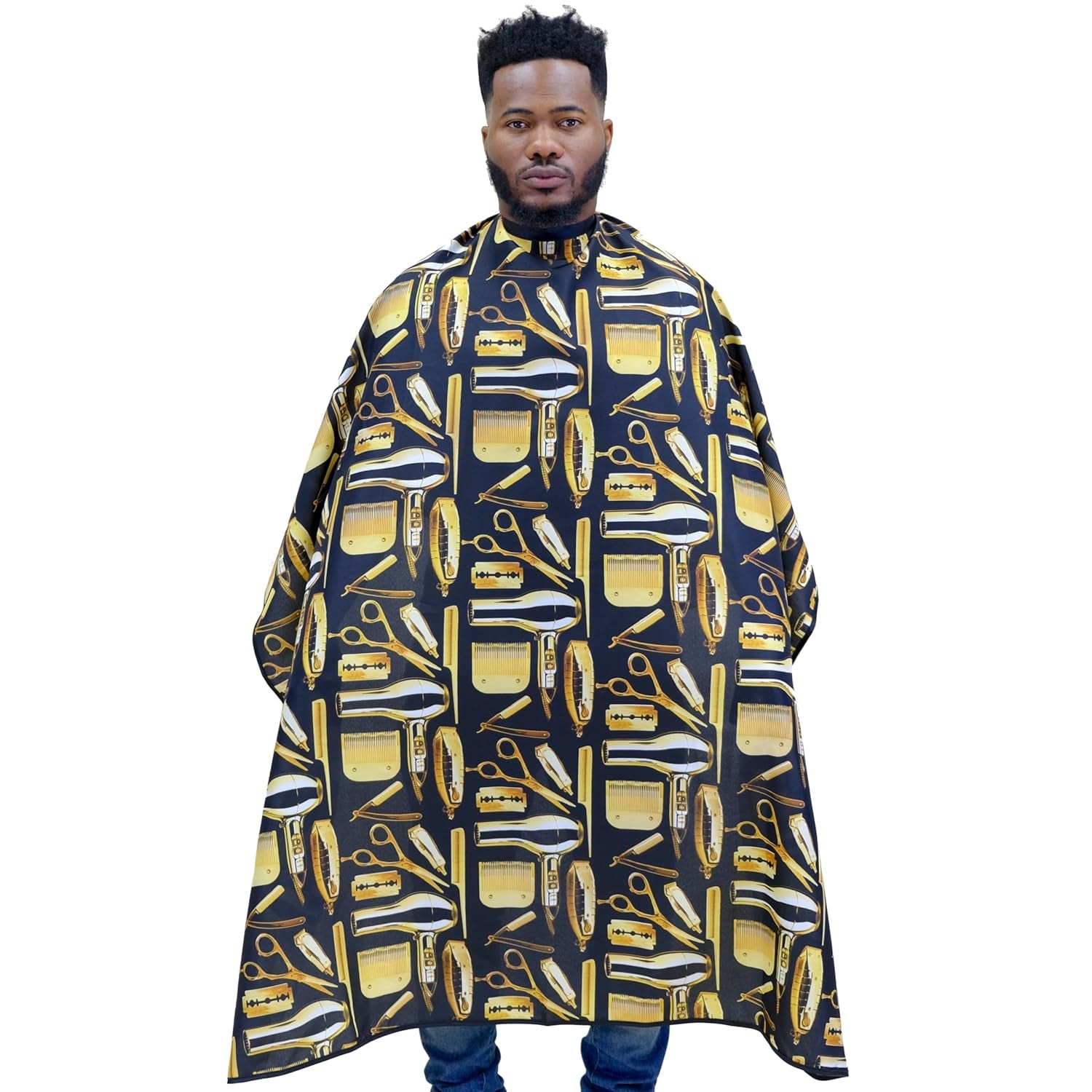- Professional Haircutting Cape with Snap Buttons - Durable Unisex Design in Black and Gold