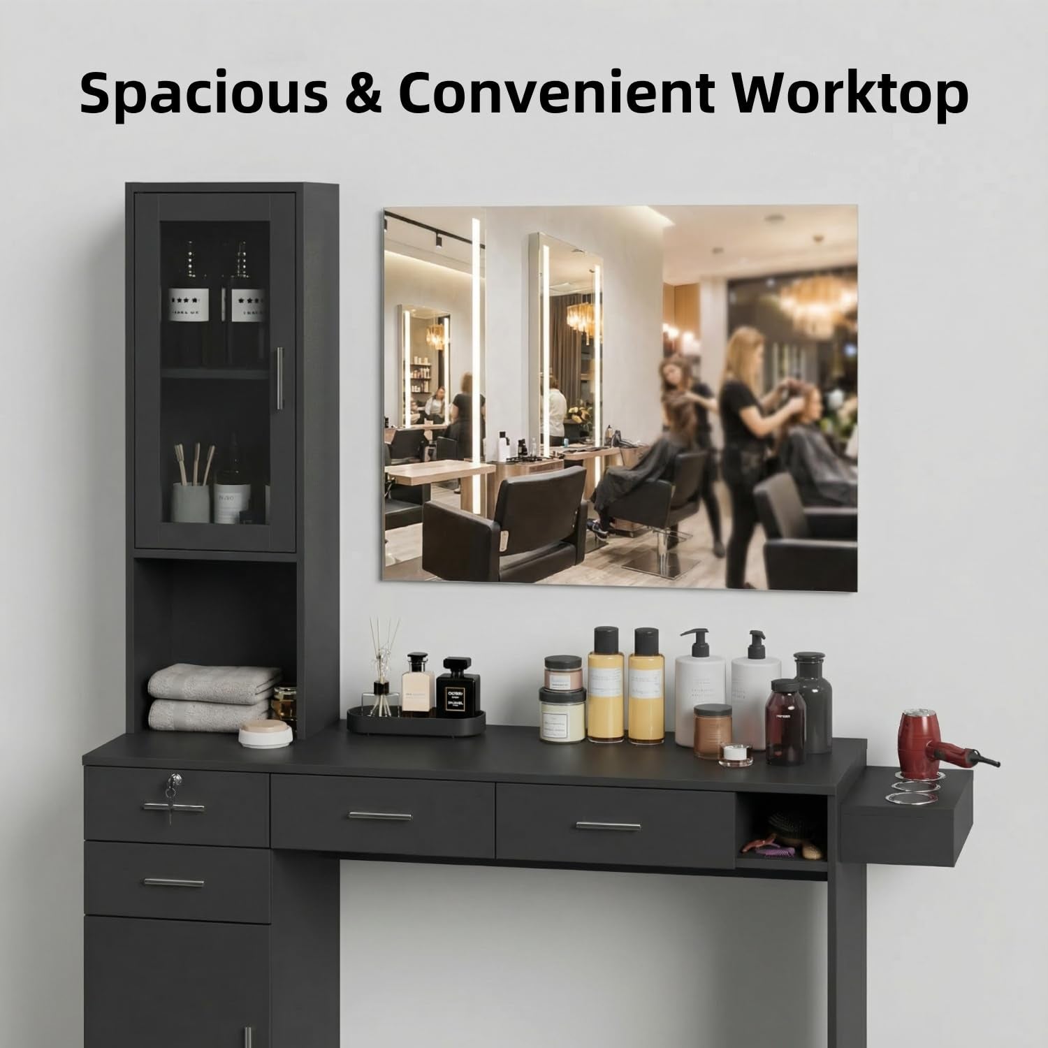 Salon Station for Hair Styling, Wall Mount Barber Salon Cabinet with 3 Hair Dryer Holders, Drawers & Shelves, Beauty Spa Storage Equipment Salon Furniture without Mirror, Black