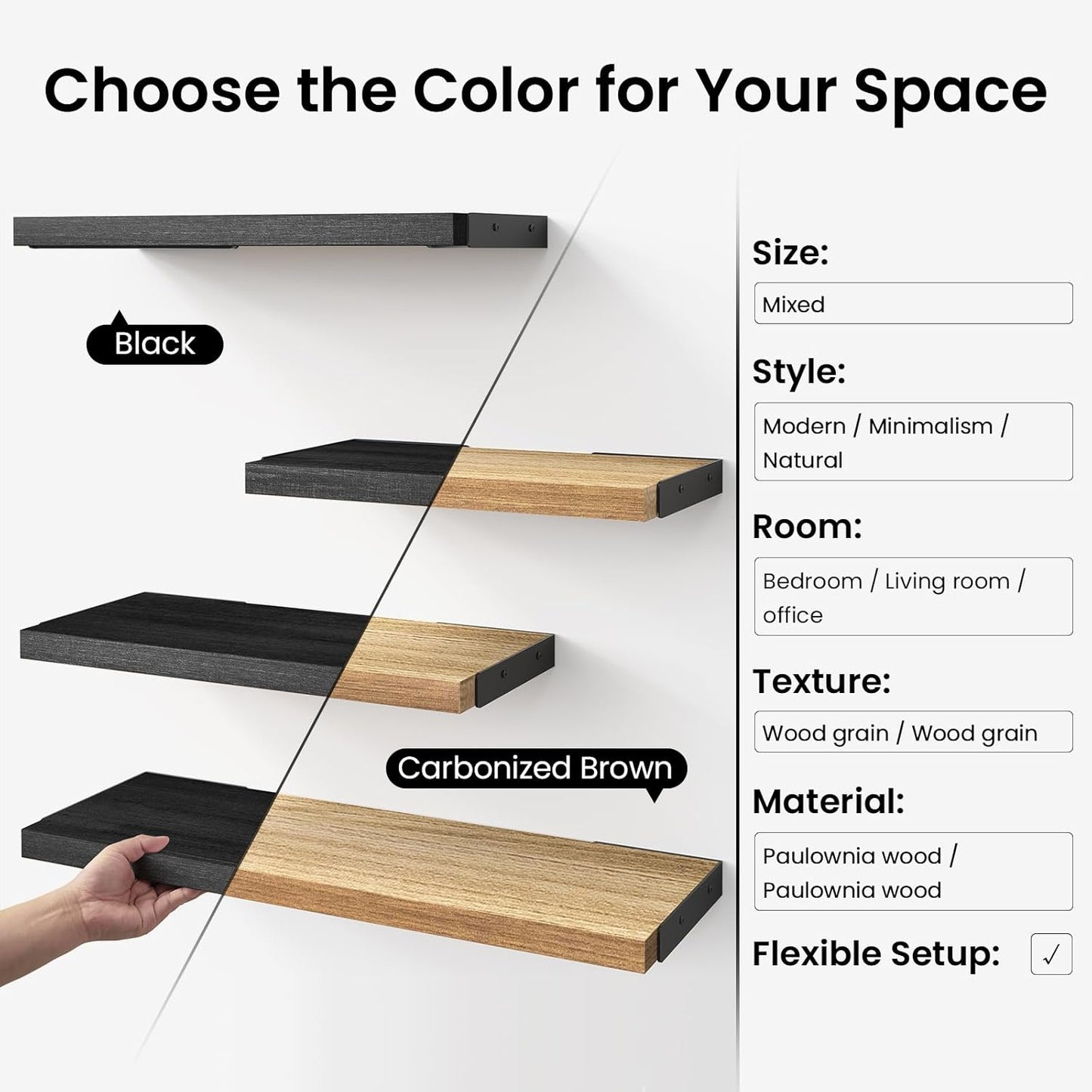 Wall Mounted Floating Shelves, Wood Floating Wall Shelf for Books & Decor, Small Space-Saving Display & Organizer（Black，Set of 3）