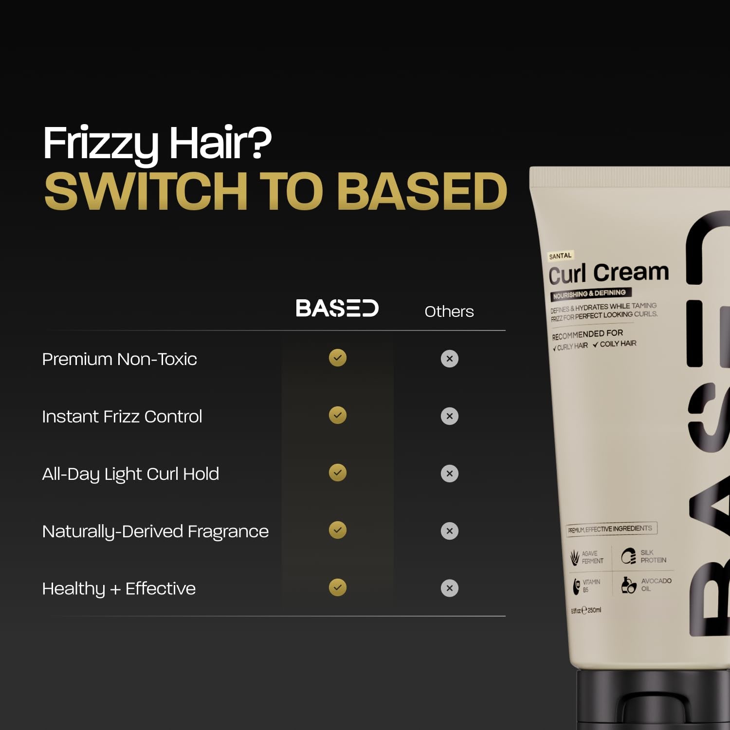 BASED Curl Cream, Defines Curls, Controls Frizz, Medium Hold, Hydrates & Nourishes with Agave, Silk Protein & Castor Oil, No Harmful Chemicals or Artificial Fragrance (8.5 Oz Pack of 1)