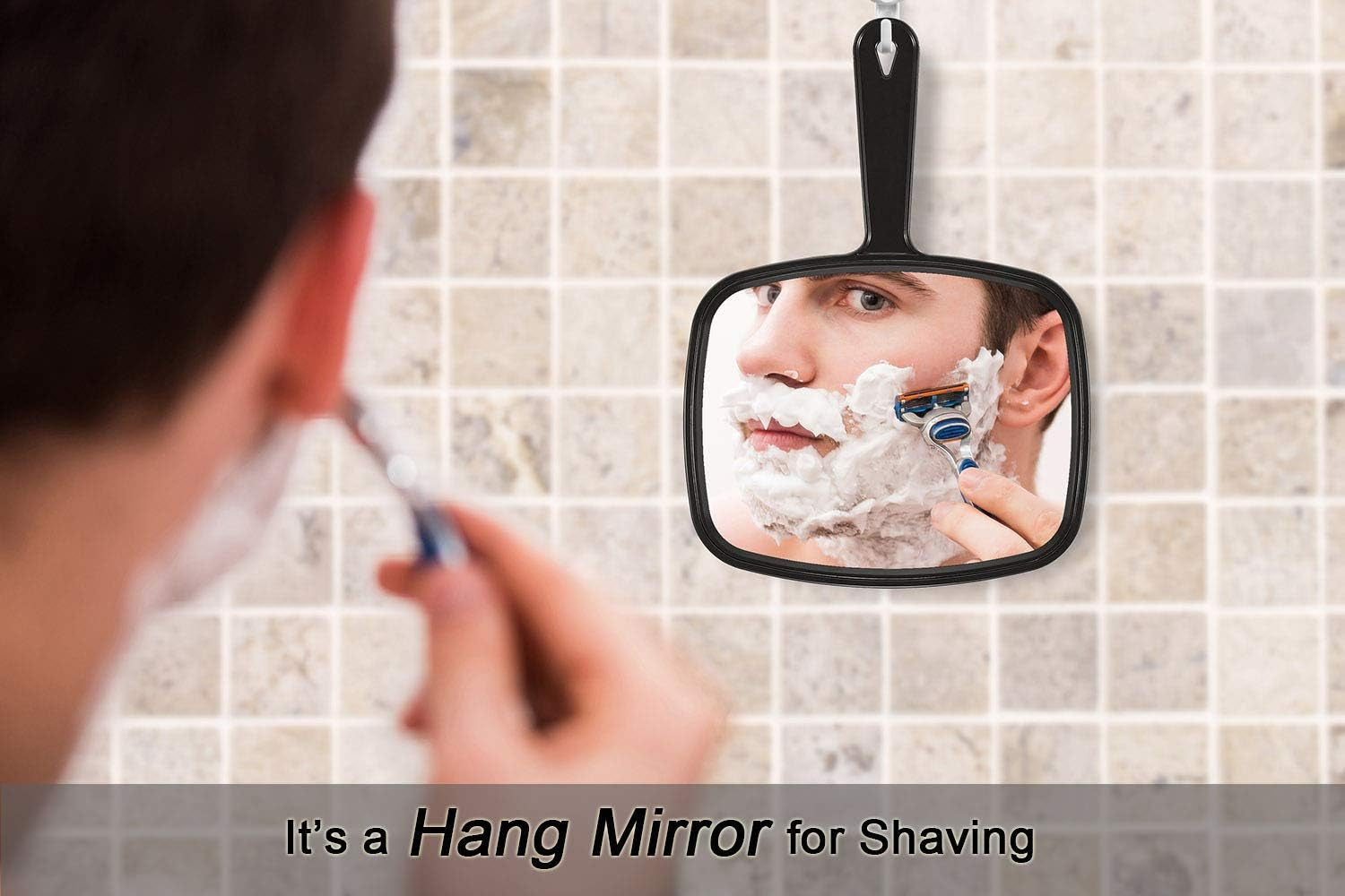PROTECLE Hand Mirror, 10.3" L X 7.4" W Salon Barber Hairdressing Handheld Mirror with Handle, Square Black