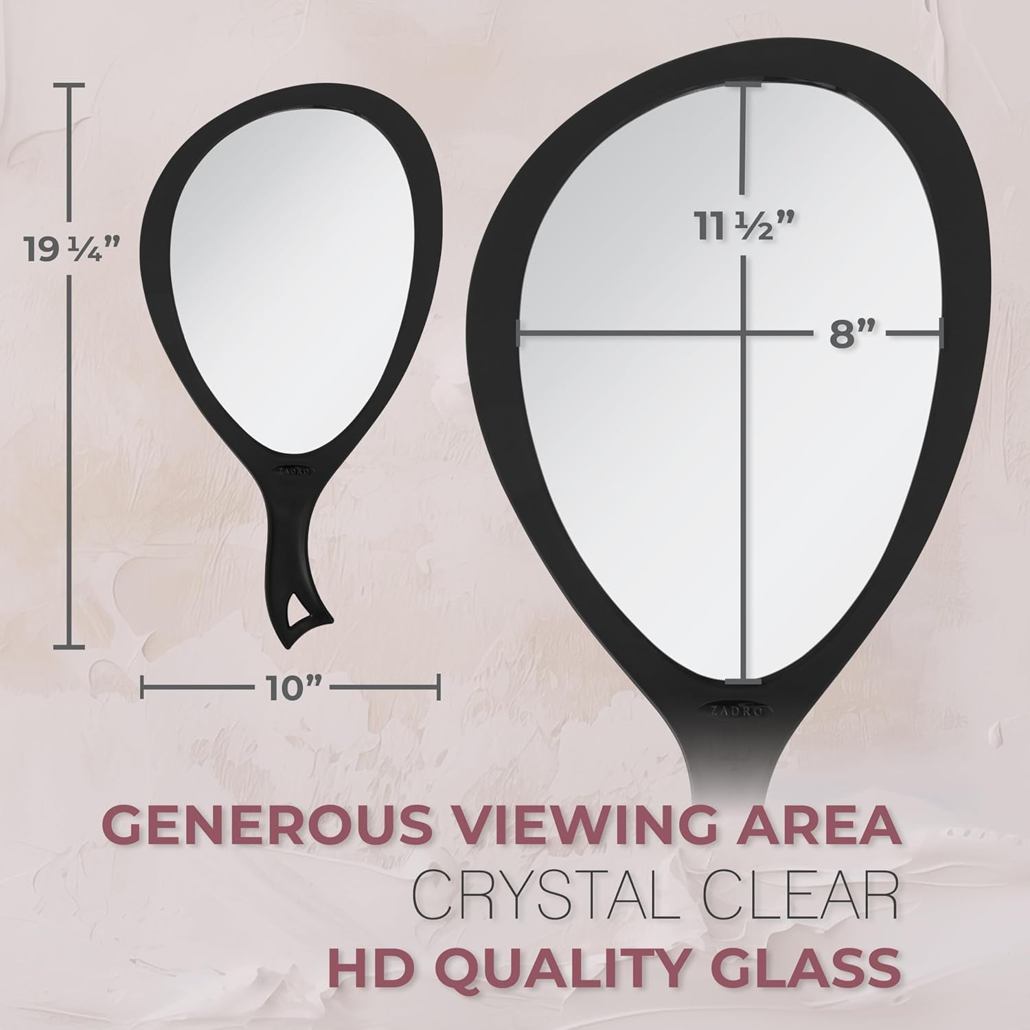 Salon Professional Extra Large Hand Mirror with Handle, 10" W X 19" L, Multi-Purpose Oval Handheld Mirror with New Distortion-Free Reflection (1, Black, Large (Pack of 1))