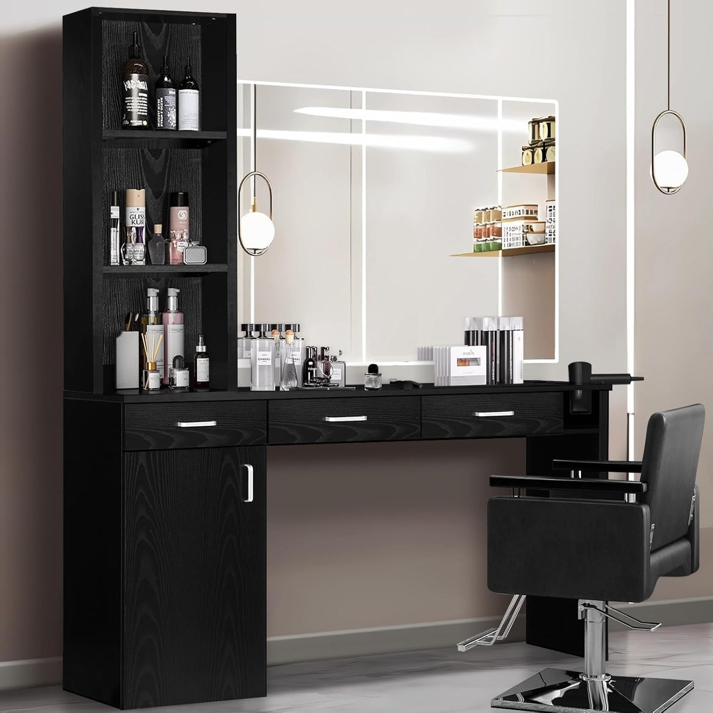 Salon Station for Hair Stylist, Salon Wall Station with Barber Cabinet, Hair Stations Equipment Hair Dryer Holder, Drawers, Wall Mount Barber Beauty Station, Mirror Not Included, Black