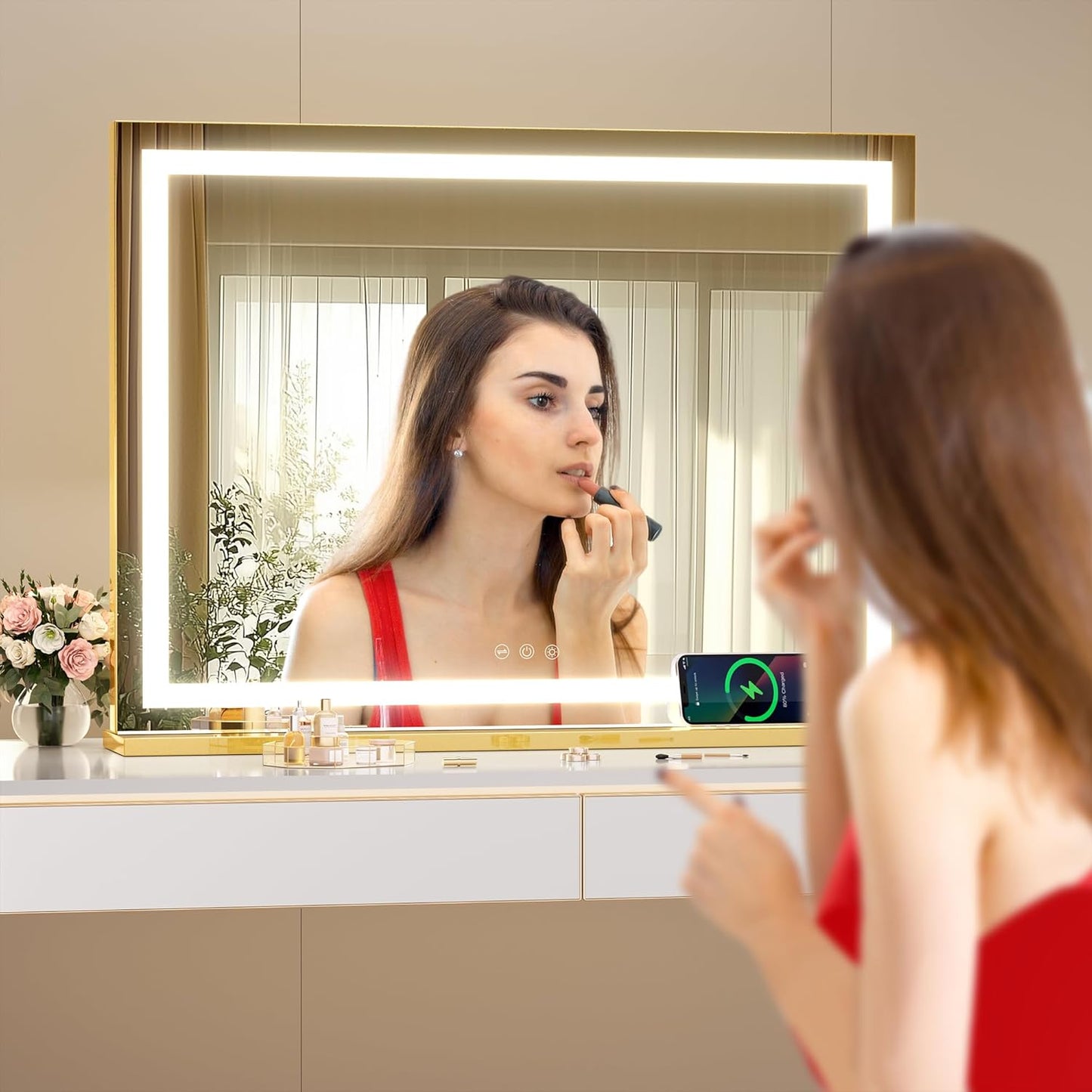 Vanity Mirror with Lights, 32" X 20" LED Makeup Mirror, Lighted Makeup Mirror with Dimmable 3 Modes, Touch Screen Control Vanity Mirror Square Gold