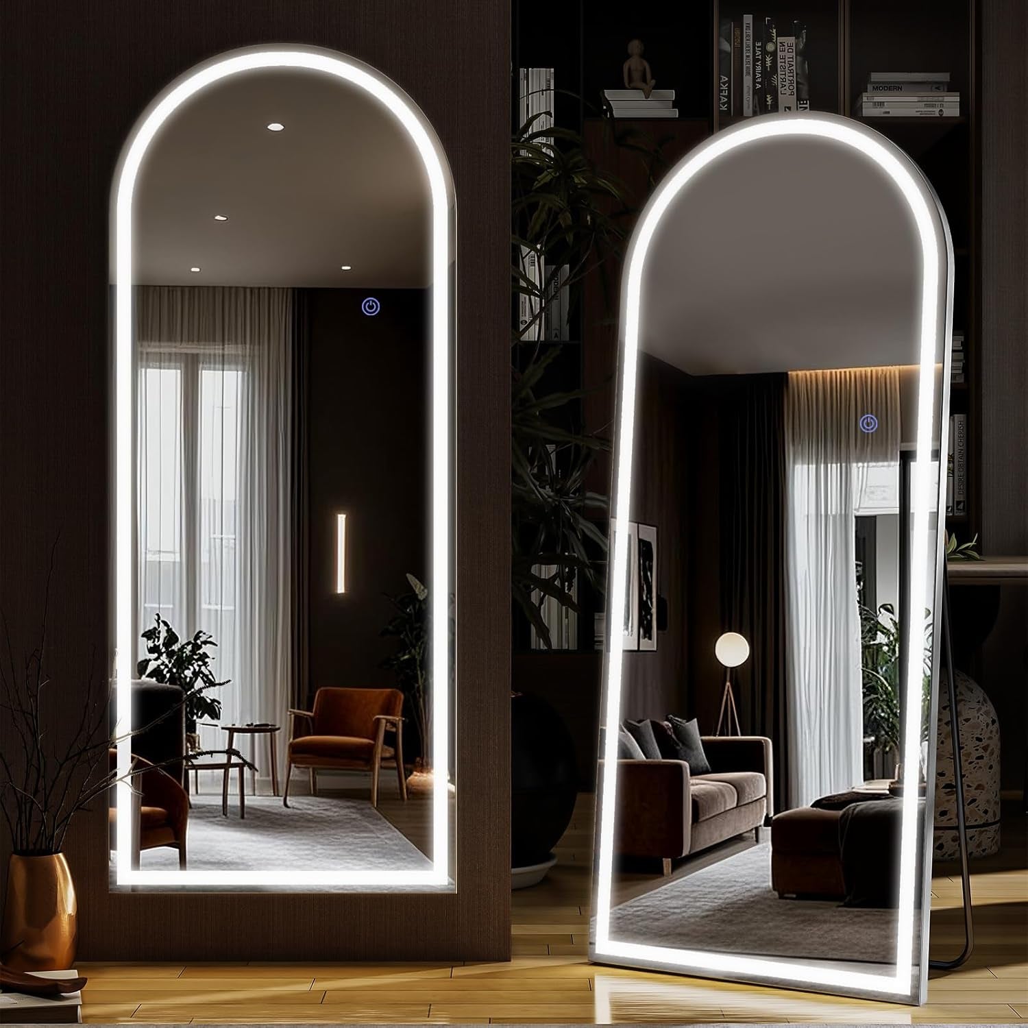 Riskioi 56"X21" LED Full Length Mirror – Arched Standing Floor Mirror with Dimmable Lights 3 Color Modes – Adjustable Brightness, Wall-Mount or Lean for Barber, Fitness Center, Dressing Room, Vanity