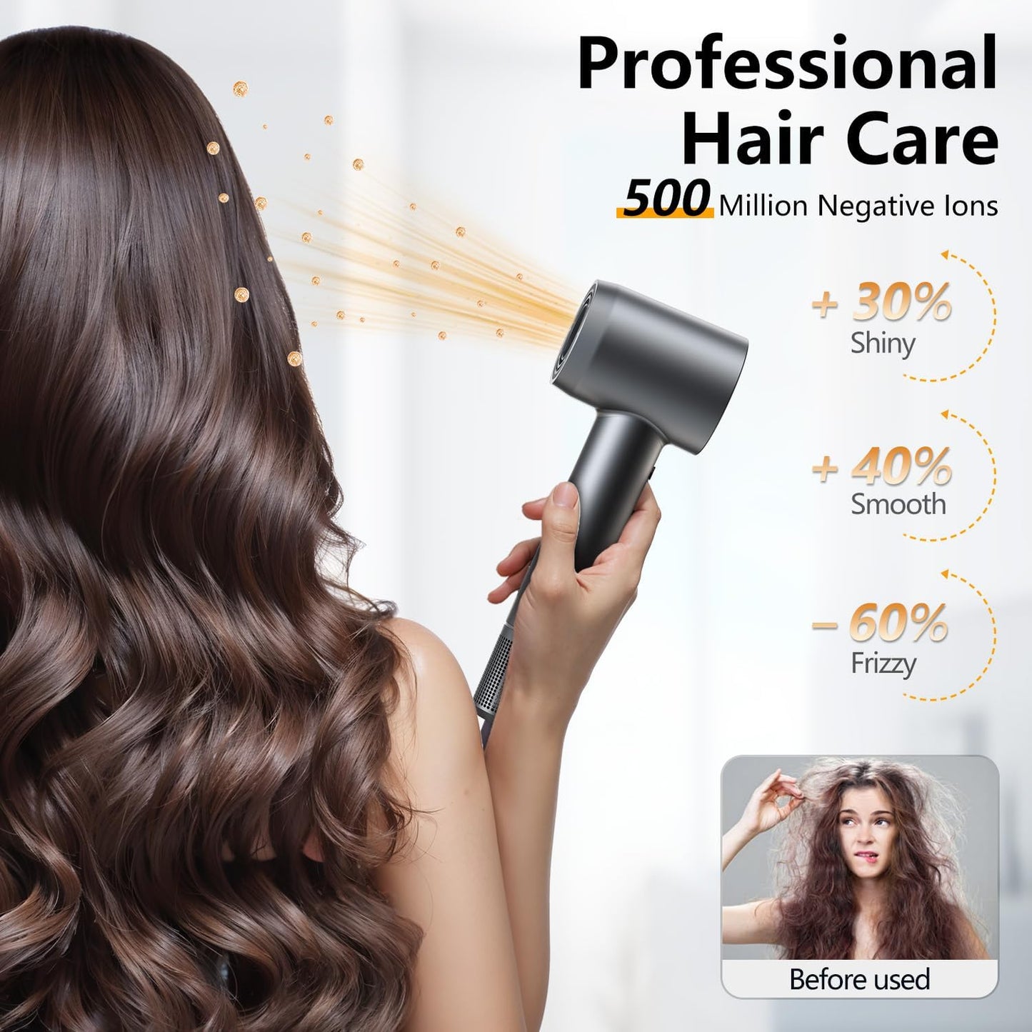 Hair Dryer - 1 Min Fast Drying, High-Speed Blow Dryer with 500 Million Negative Ions, No Heat Damage, Low Noise, Lightweight, Professional Hairdryer with Diffuser & Nozzle, Gunmetal