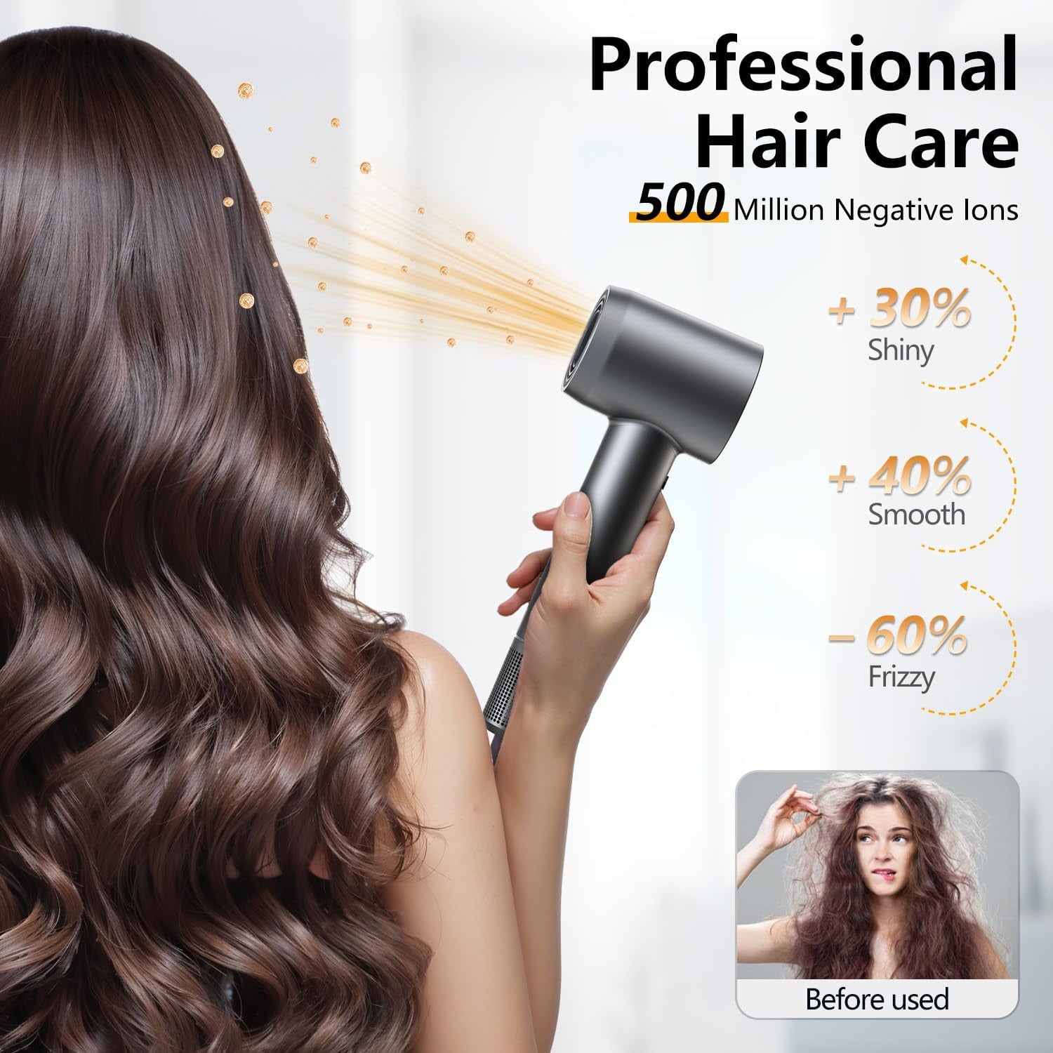 Hair Dryer - 1 Min Fast Drying, High-Speed Blow Dryer with 500 Million Negative Ions, No Heat Damage, Low Noise, Lightweight, Professional Hairdryer with Diffuser & Nozzle, Gunmetal