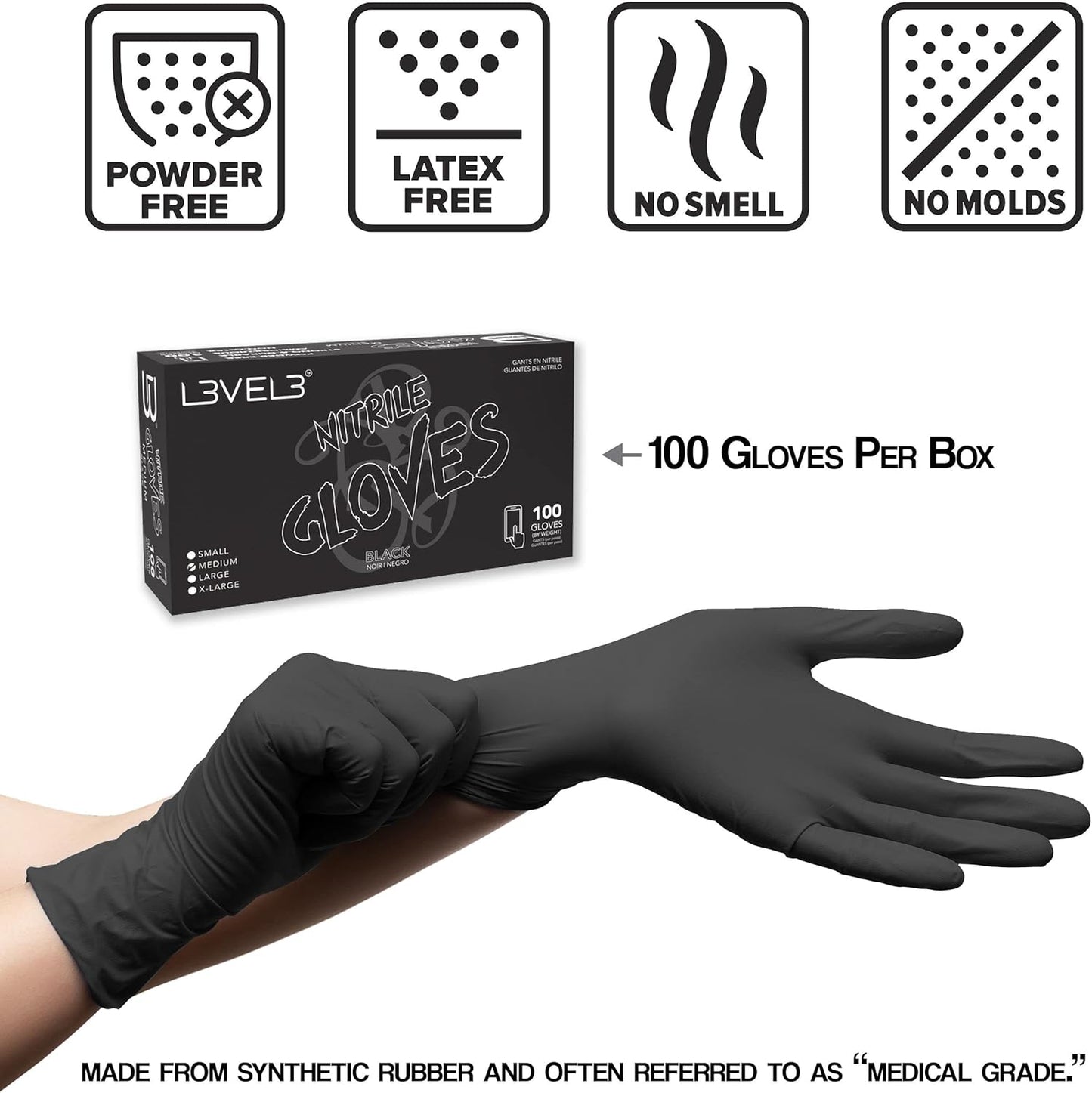 Level 3 Nitrile Gloves - Professional Heavy Duty Disposable Gloves - Latex Free - Fits Snug - Box of 100